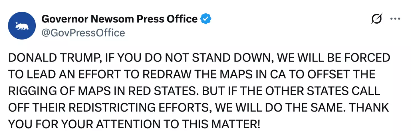 Newsom's team issued a warning on social media (X)
