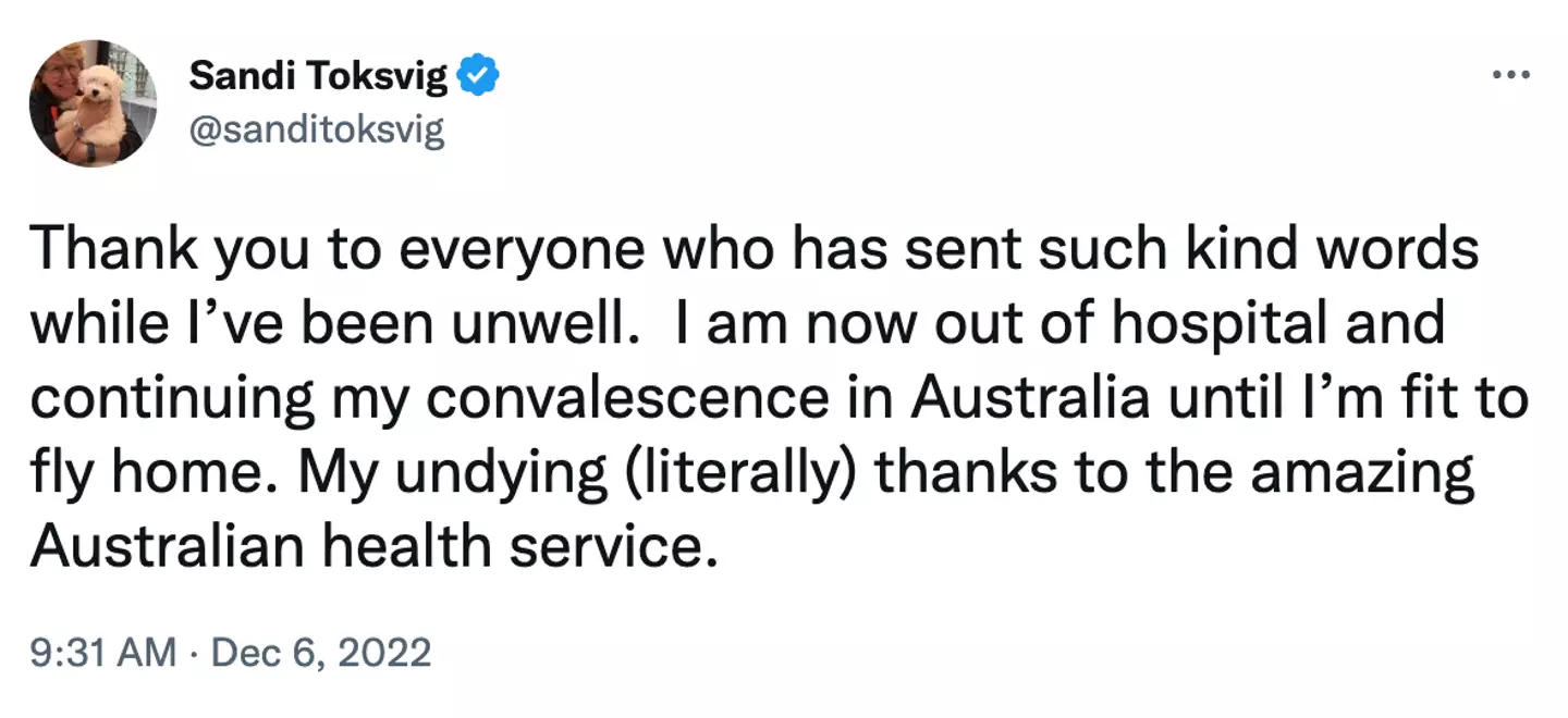 The Bake Off host is staying in Australia until she is well enough to fly home.