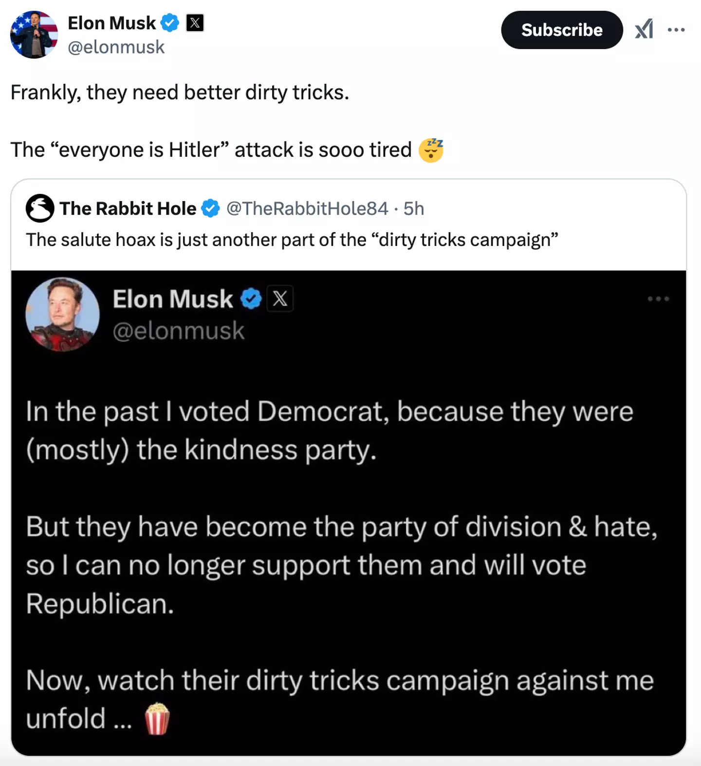 Musk said the 'attack' was 'tired' (X)