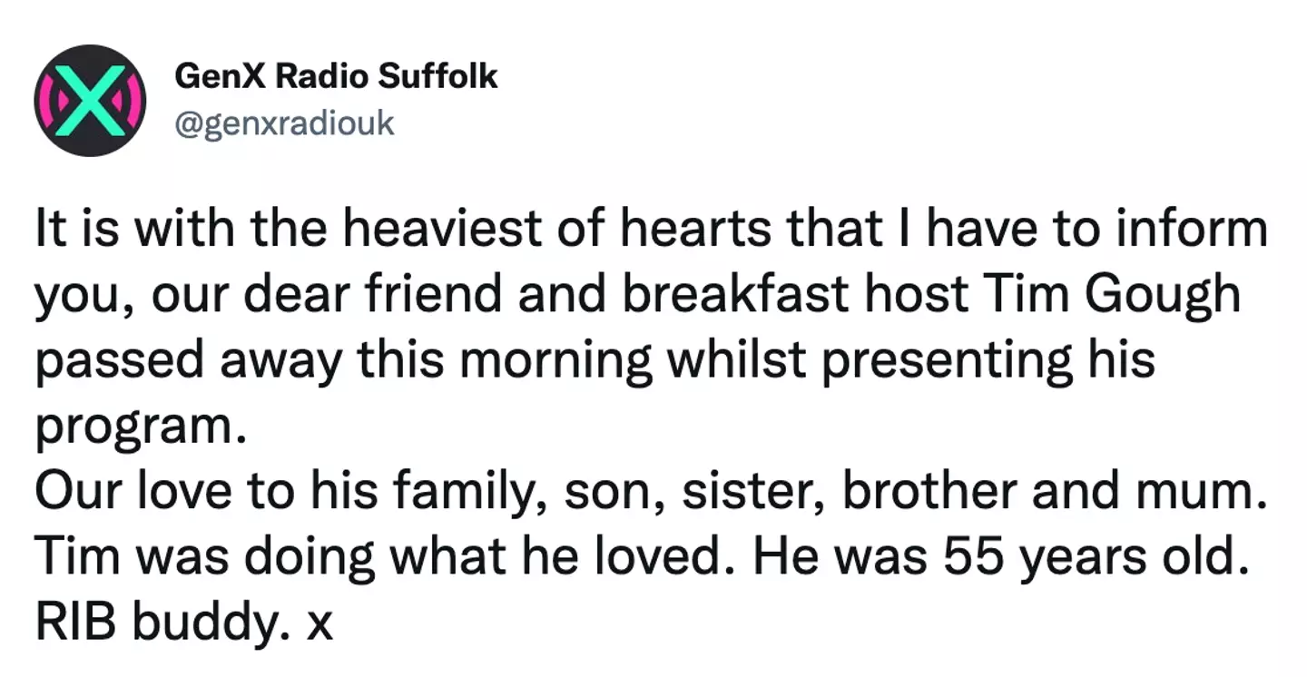 His station confirmed the sad news on Twitter.