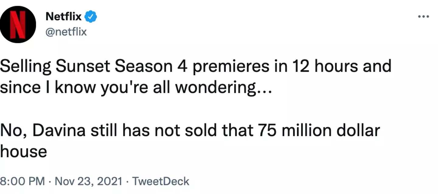The Netflix Twitter account posted a savage tweet about Davina (