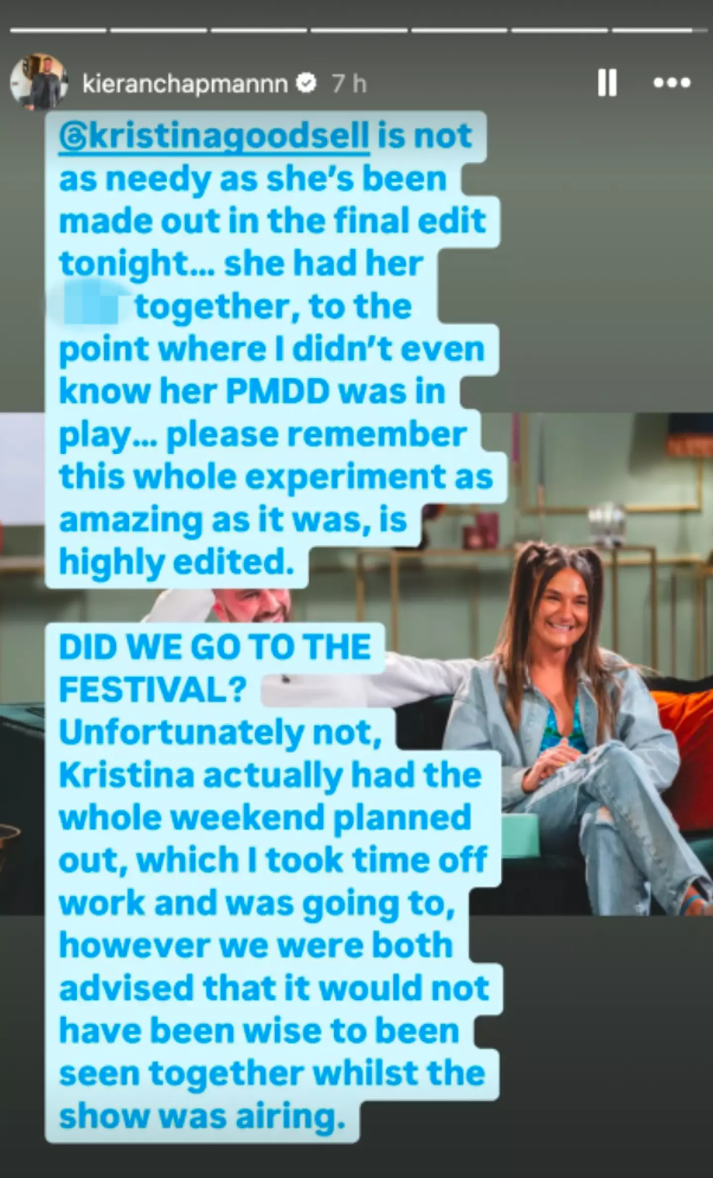 Kieran came out to defend his ex-wife on his Instagram Story (Instagram/@kieranchapmannn)