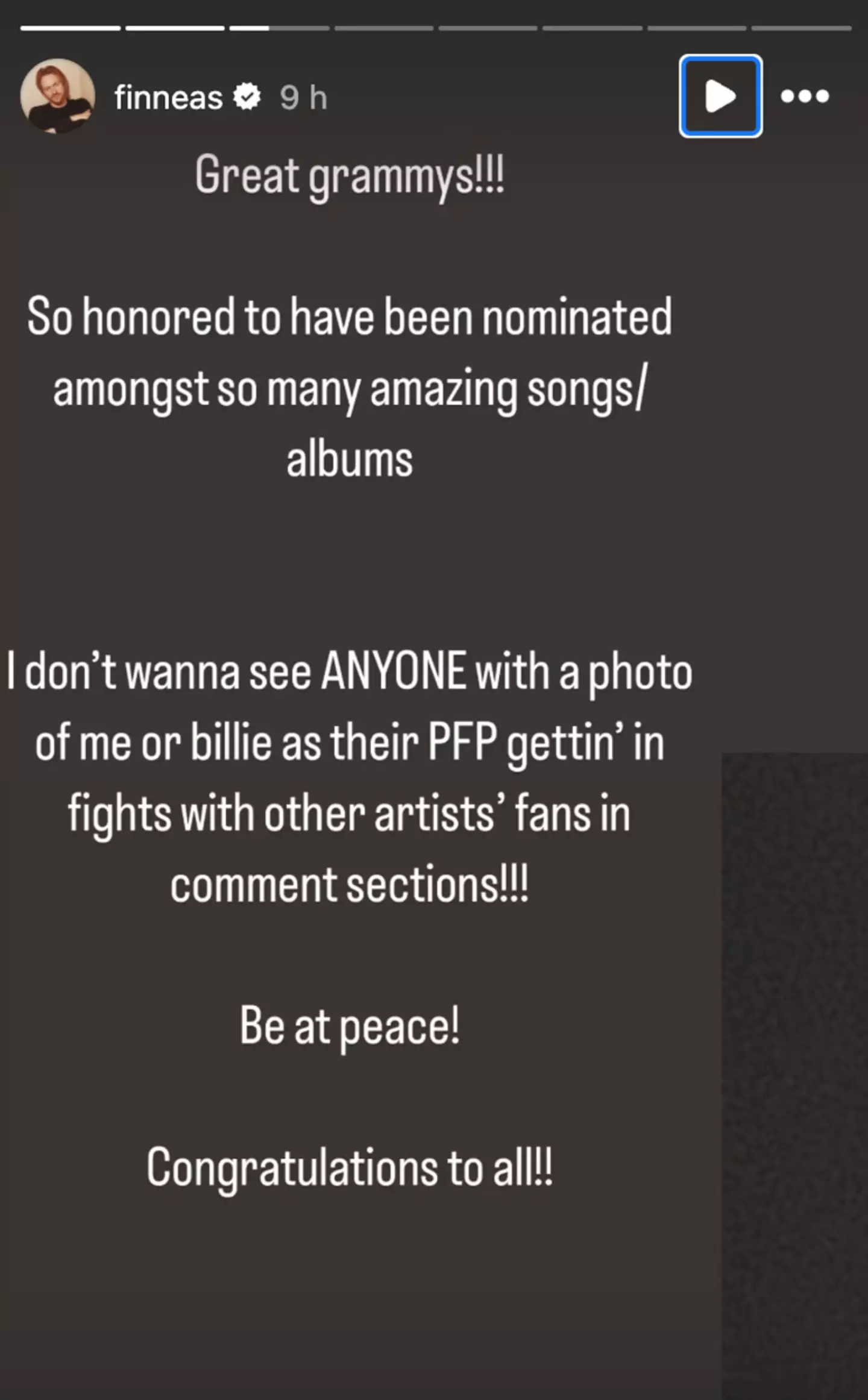 Billie Eilish's brother, Finneas, took to social media to share a message to fans following the Grammys on Sunday (Instagram/@finneas)