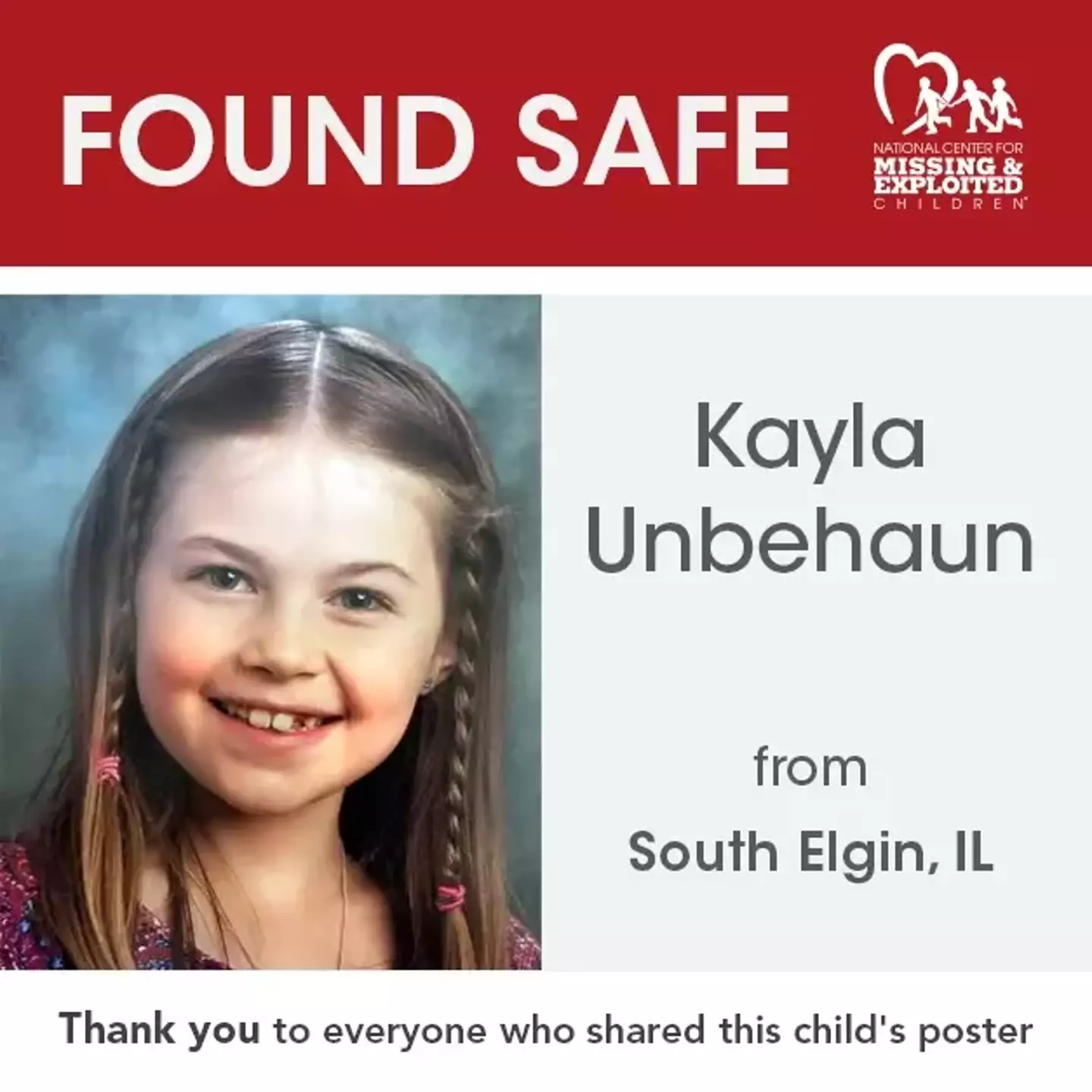Kayla was spotted by a member of the public six years after her disappearance.