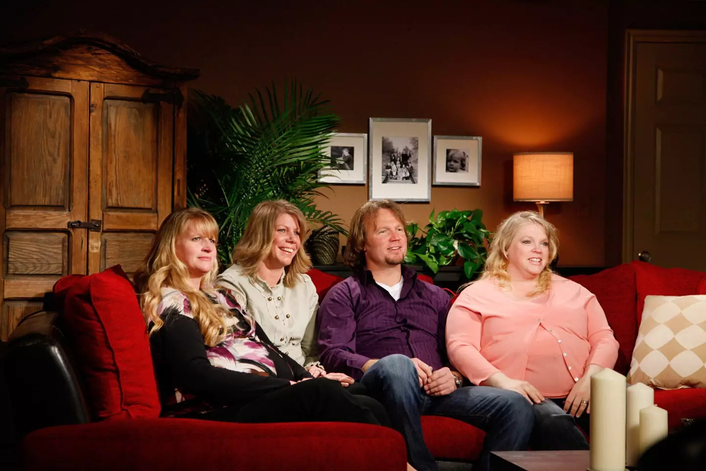 Kody Brown with wives Christine, Meri and Janelle in the debut episode of Sister Wives. All three have separated from him now.