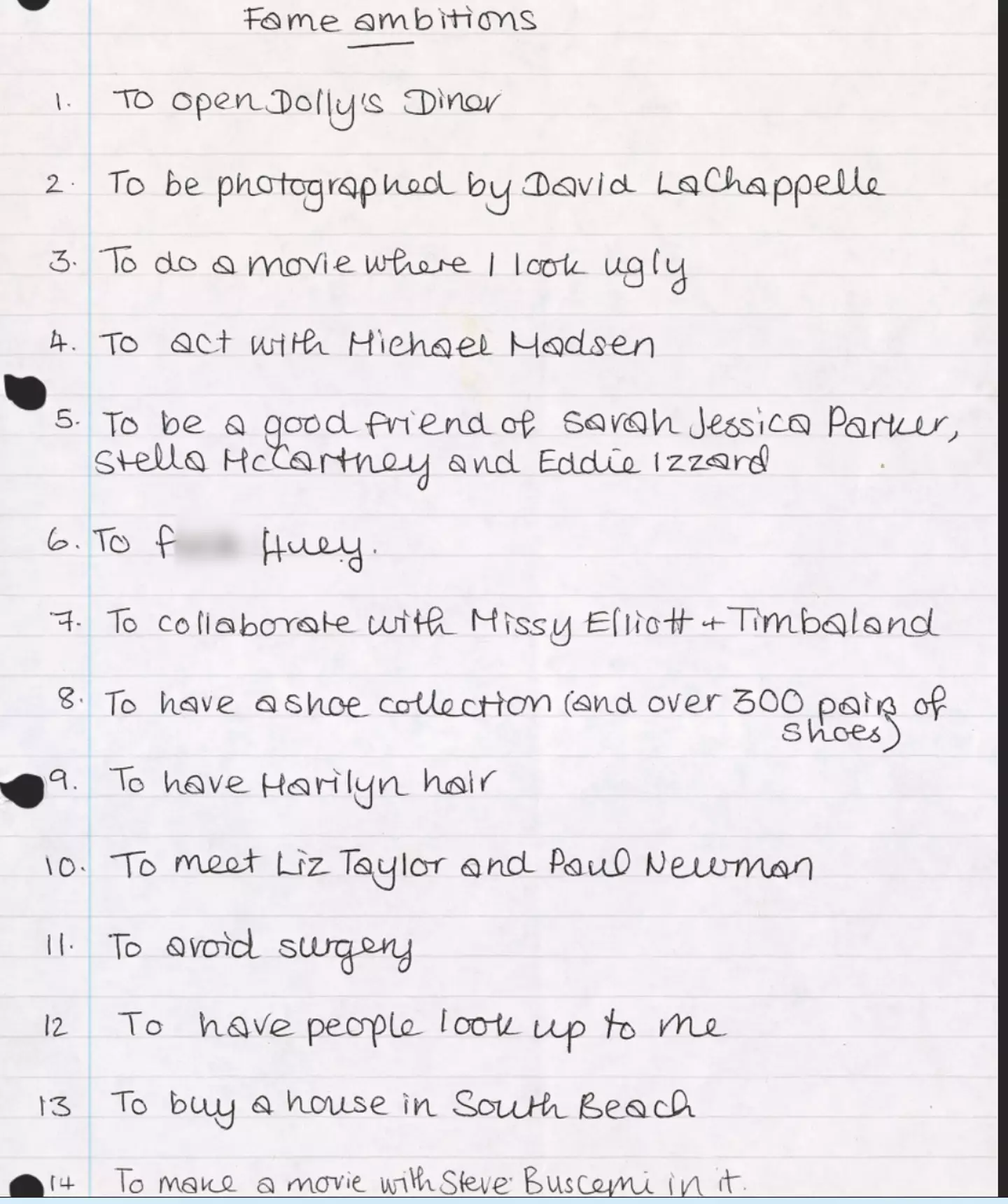 Amy Winehouse's 'Fame Ambitions' list