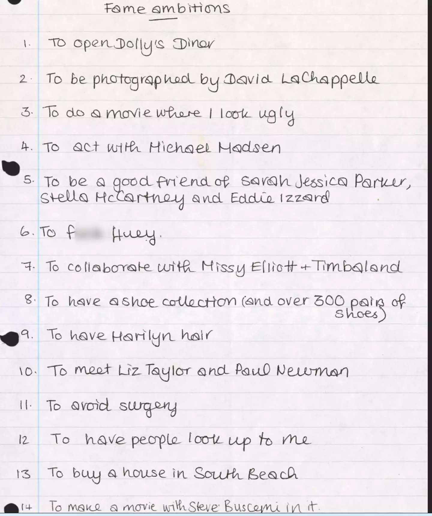 Winehouse's 'Fame Ambitions' list (Family Handout)