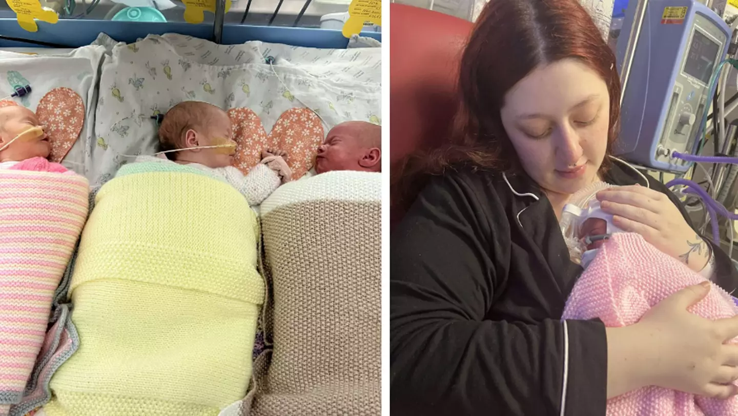 Mum gives birth to rare identical triplet girls after being told they'd all be boys