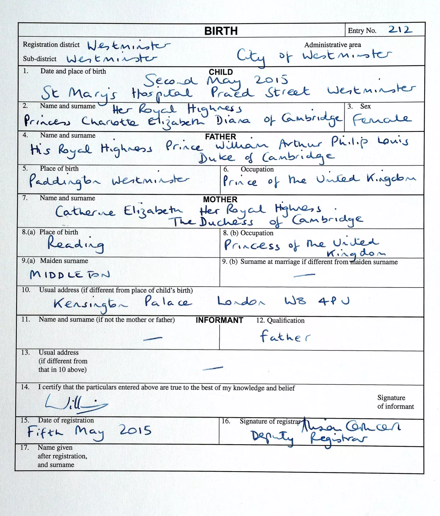 Princess Charlotte's 2015 birth certificate (John Stillwell - WPA Pool/Getty Images)