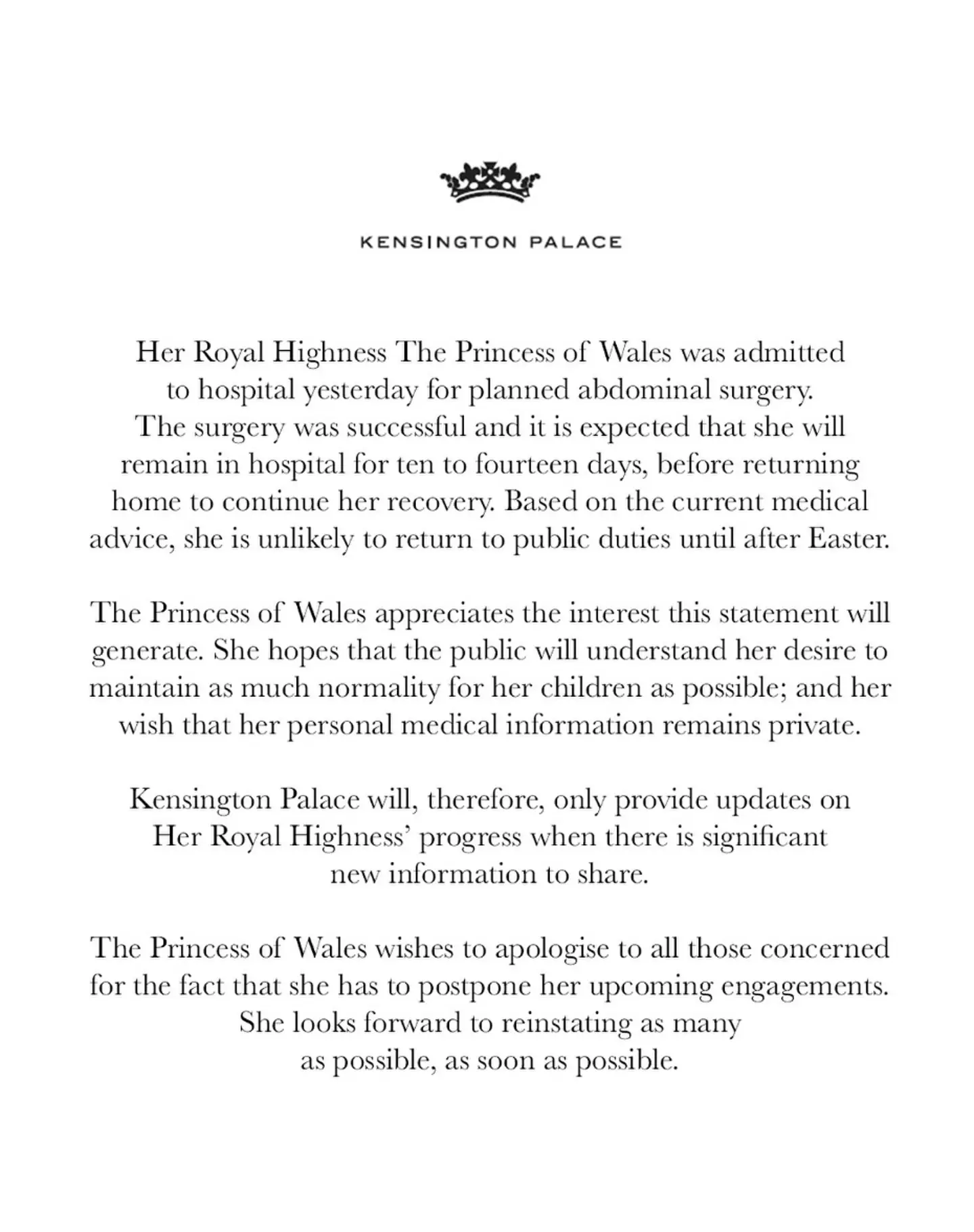 Kensington Palace released this statement on Instagram.