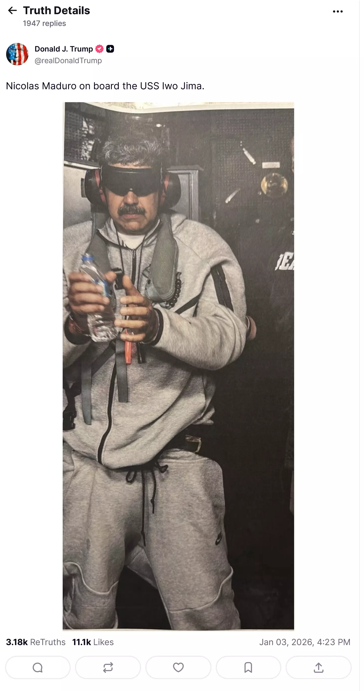 Maduro was captured on Saturday following strikes on the country (Handout from Truth Social via Getty Images)