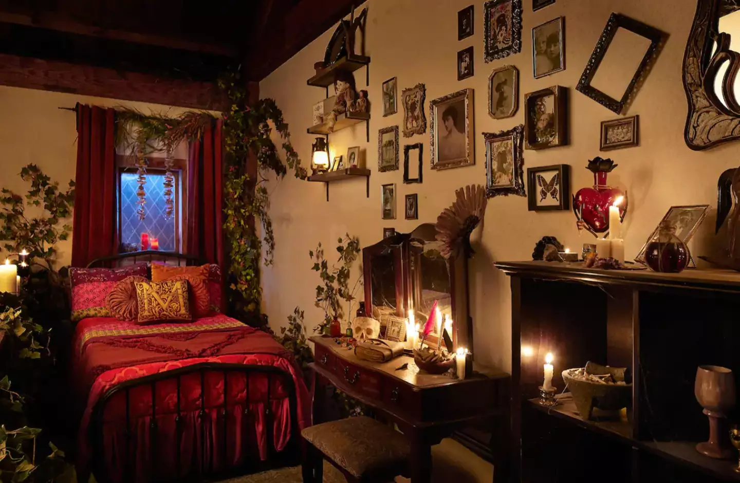 The bedroom is both witchy and comfortable.