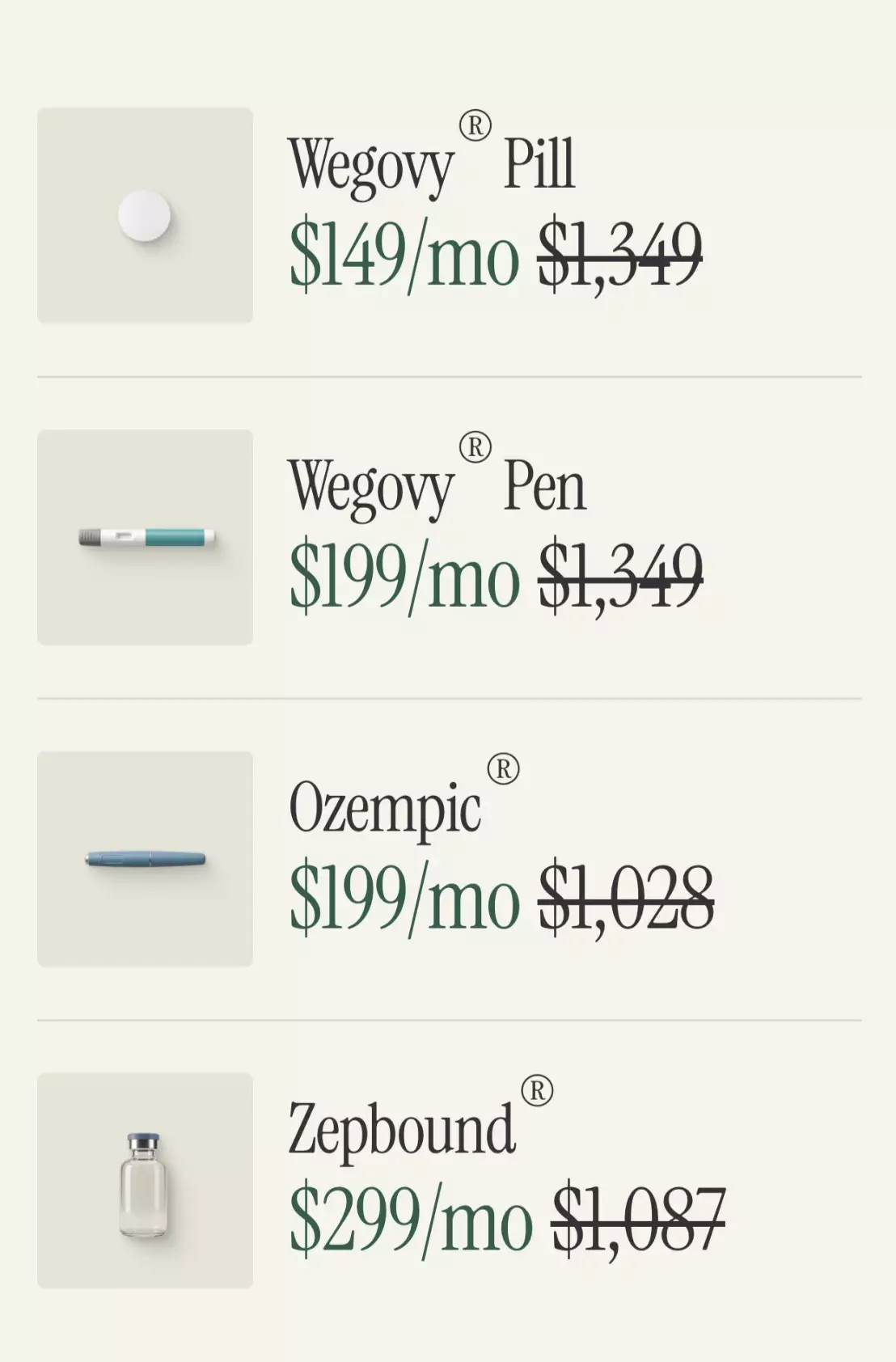 Listed on the website are a number of GLP-1 medications (Trumprx.gov)