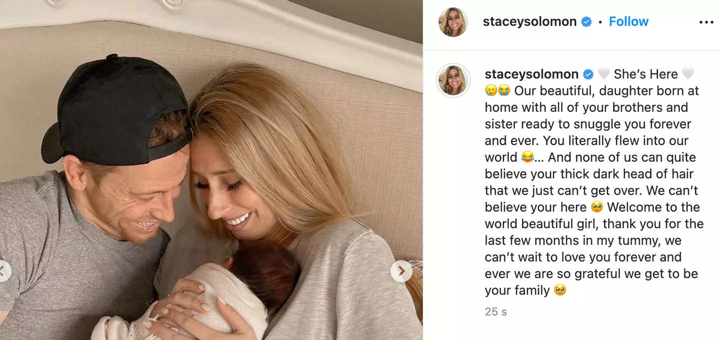 Stacey and Joe surprised fans with the news of their new arrival.