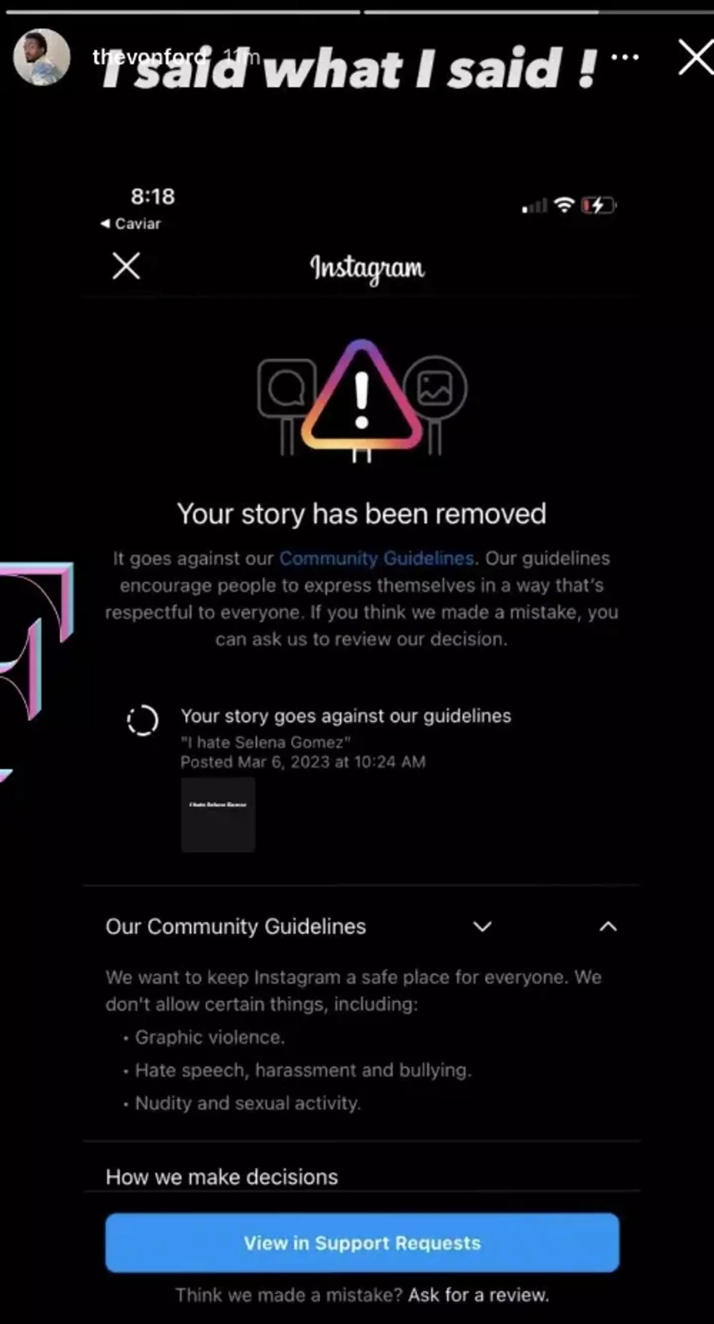 His story got then got removed.