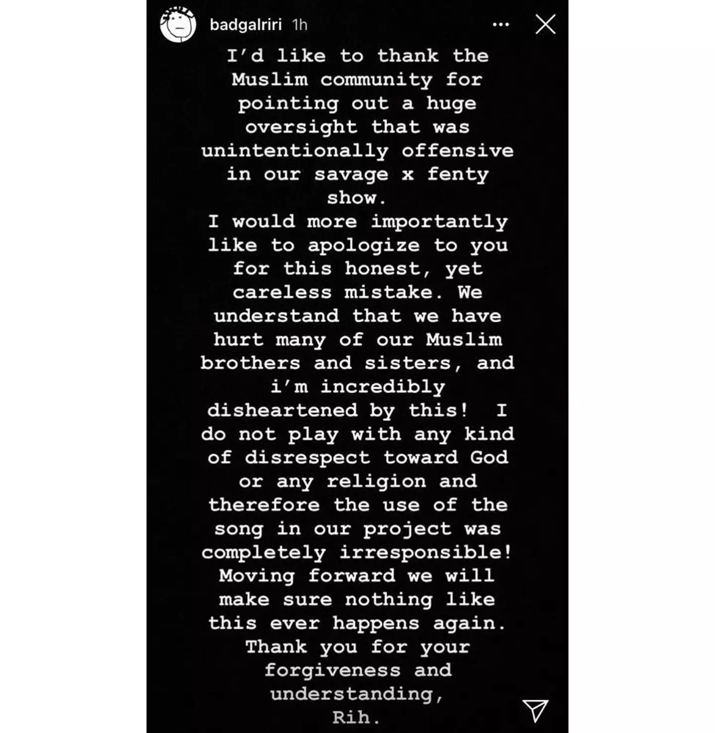 She previously received backlash from fans after she used a controversial song at her Savage X Fenty lingerie show. (Instagram/@badgalriri)