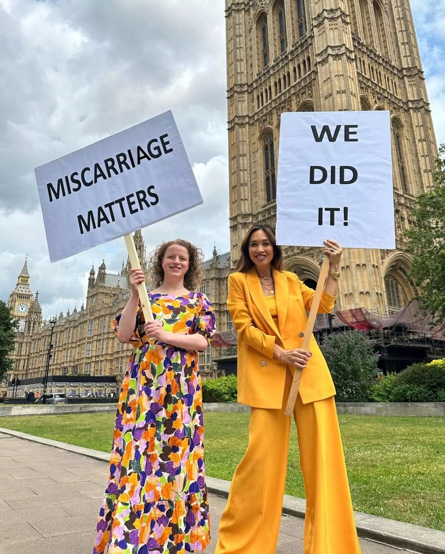 Myleene Klass and Olivia Blake MP outside Parliament.