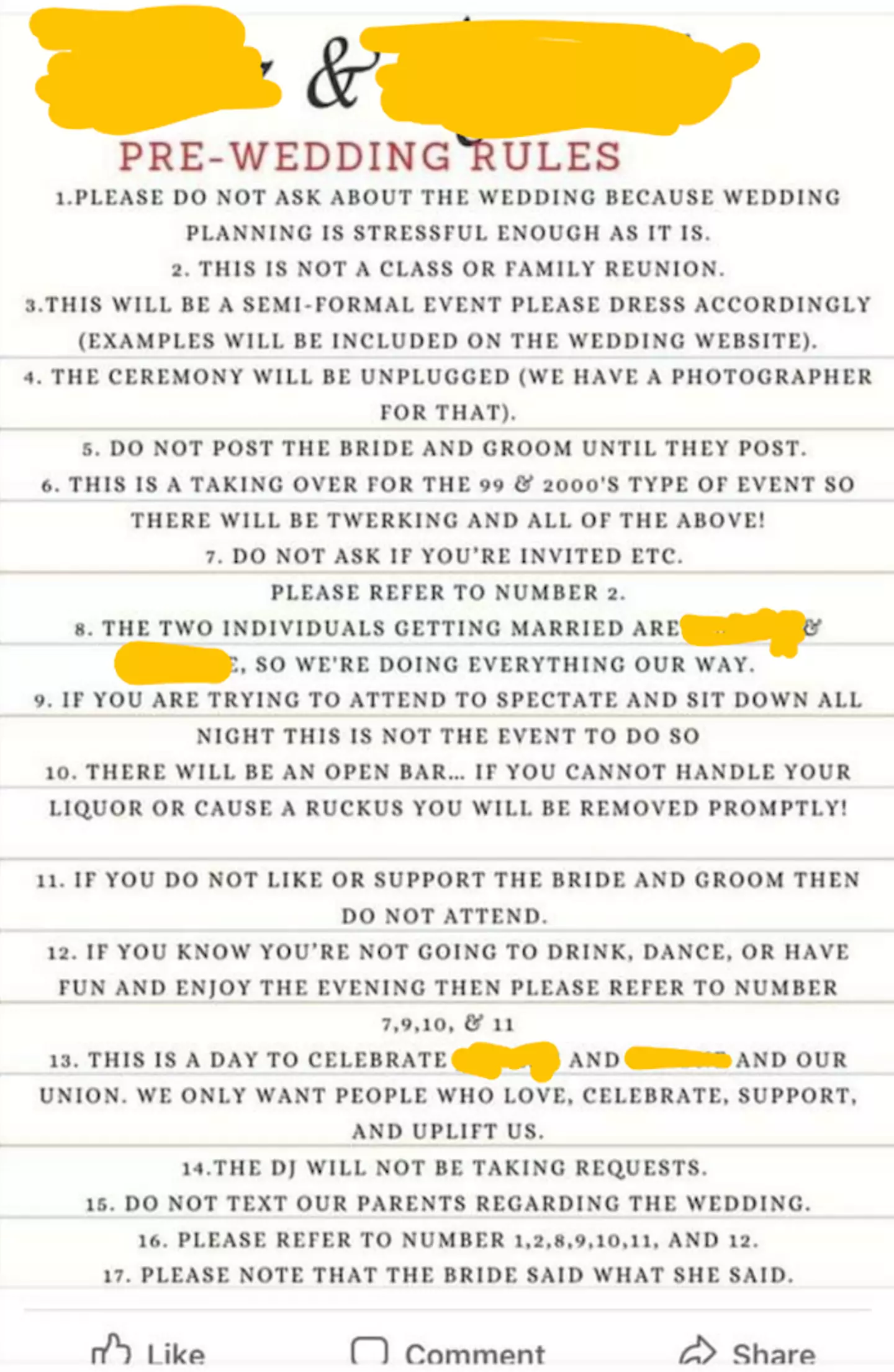 The wedding rules were originally posted on Facebook (
