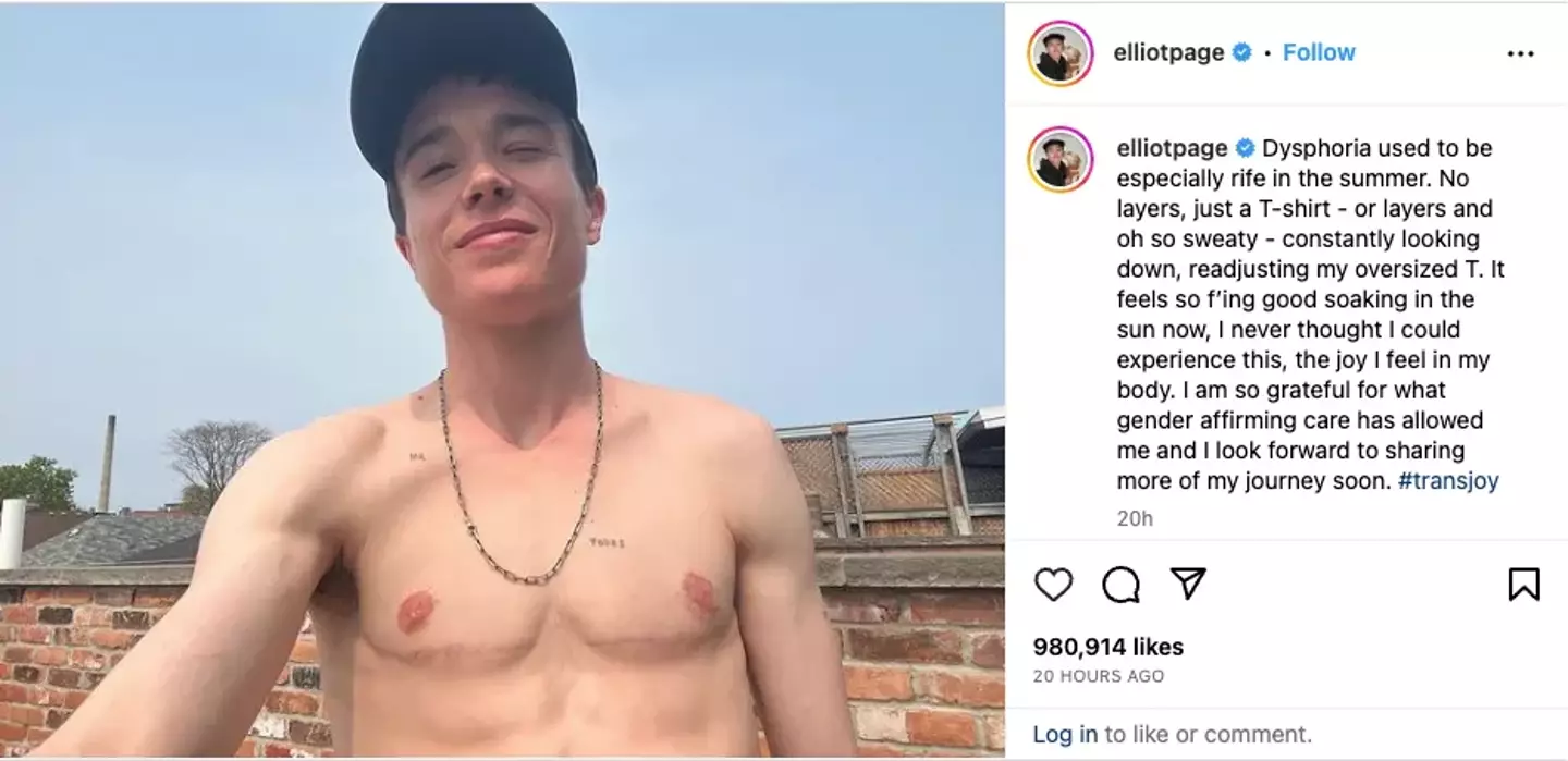 Elliot Page was praised by fans for sharing the shirtless snap.