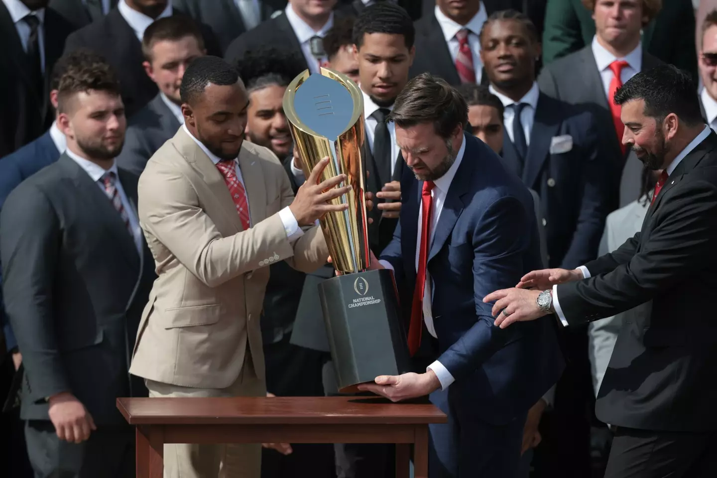 JD Vance was left red-faced after accidentally breaking the trophy (Kayla Bartkowski/Getty Images)