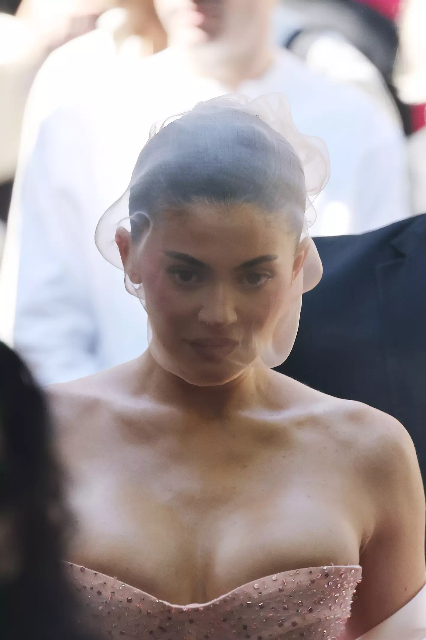 Kylie Jenner's outfit confused fans during the Schiaparelli Haute Couture Fall/Winter 2024-2025 show. (Neil Mockford/GC Images/Getty Images)