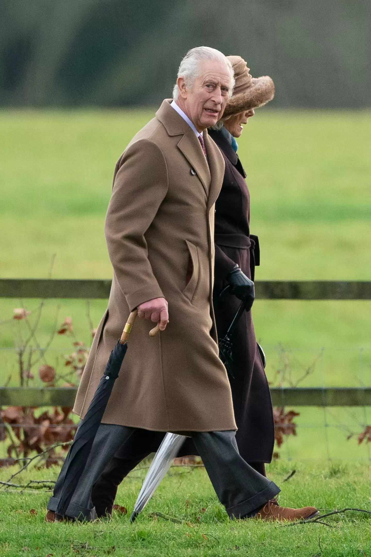 King Charles III and Queen Camilla arriving at a church in Norfolk at the weekend.