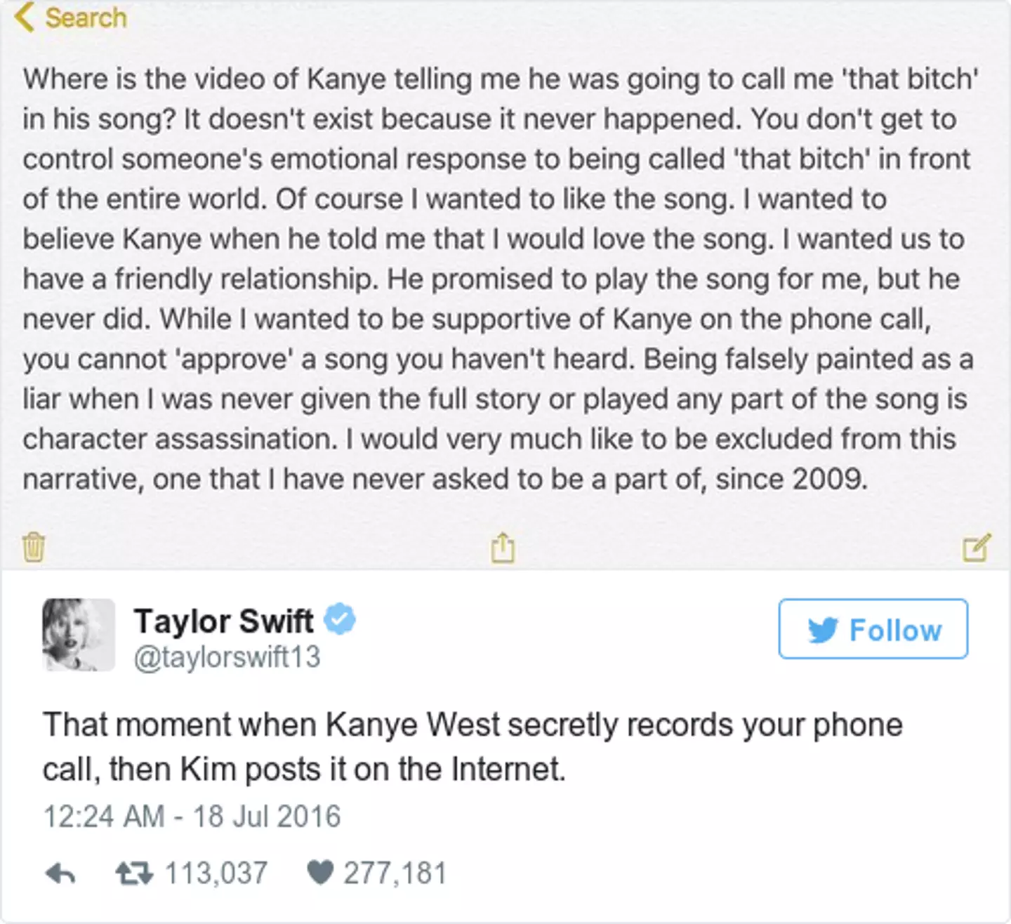 Taylor Swift addressed the phone call with Kanye in 2016.