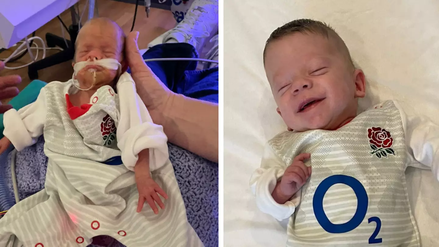 Premature baby who weighed just over 1lb now fills out the same babygrow perfectly