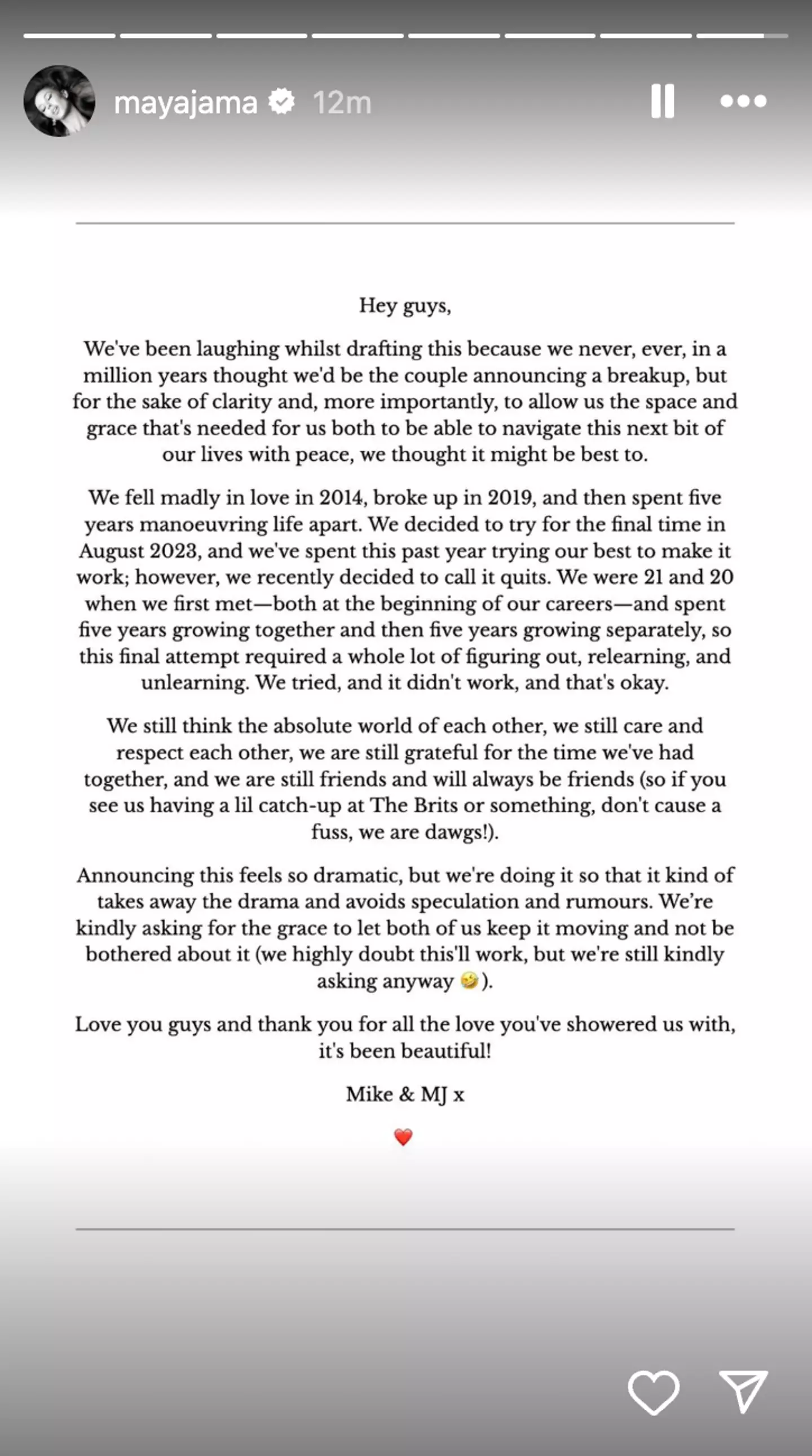 The statement was shared online (Instagram/@mayajama)