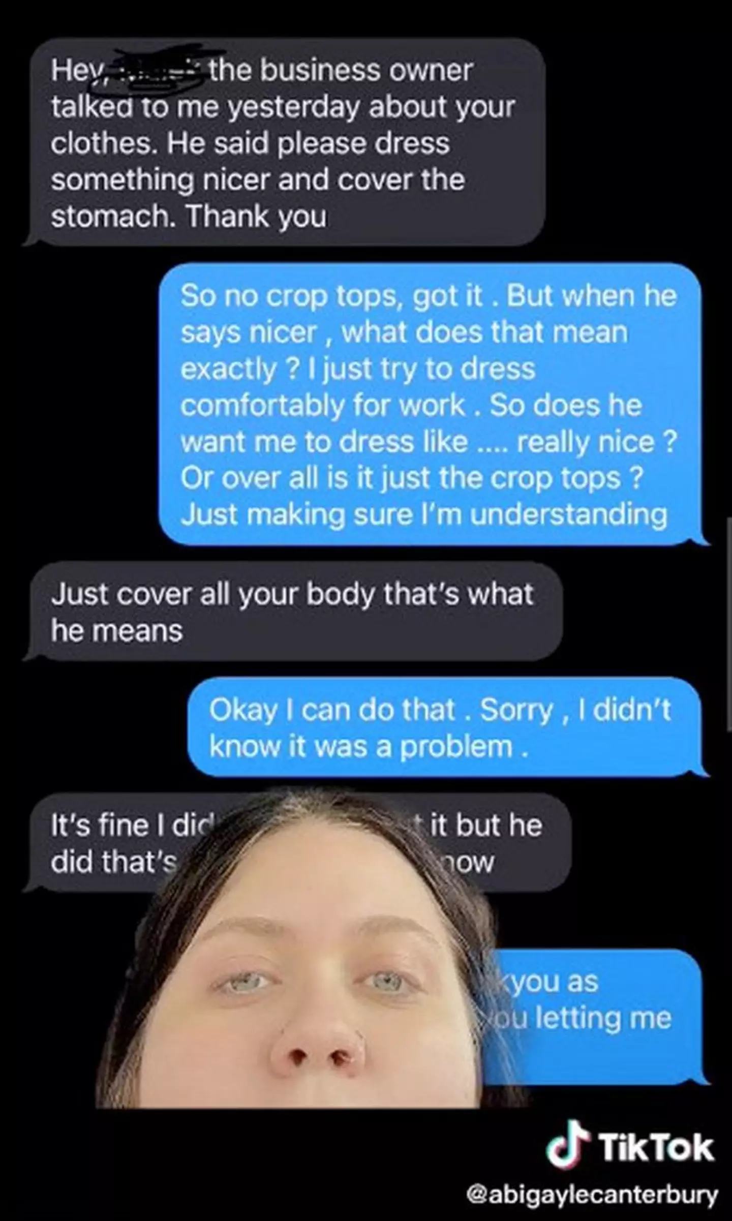 She shared part of the messages her manager sent her.
