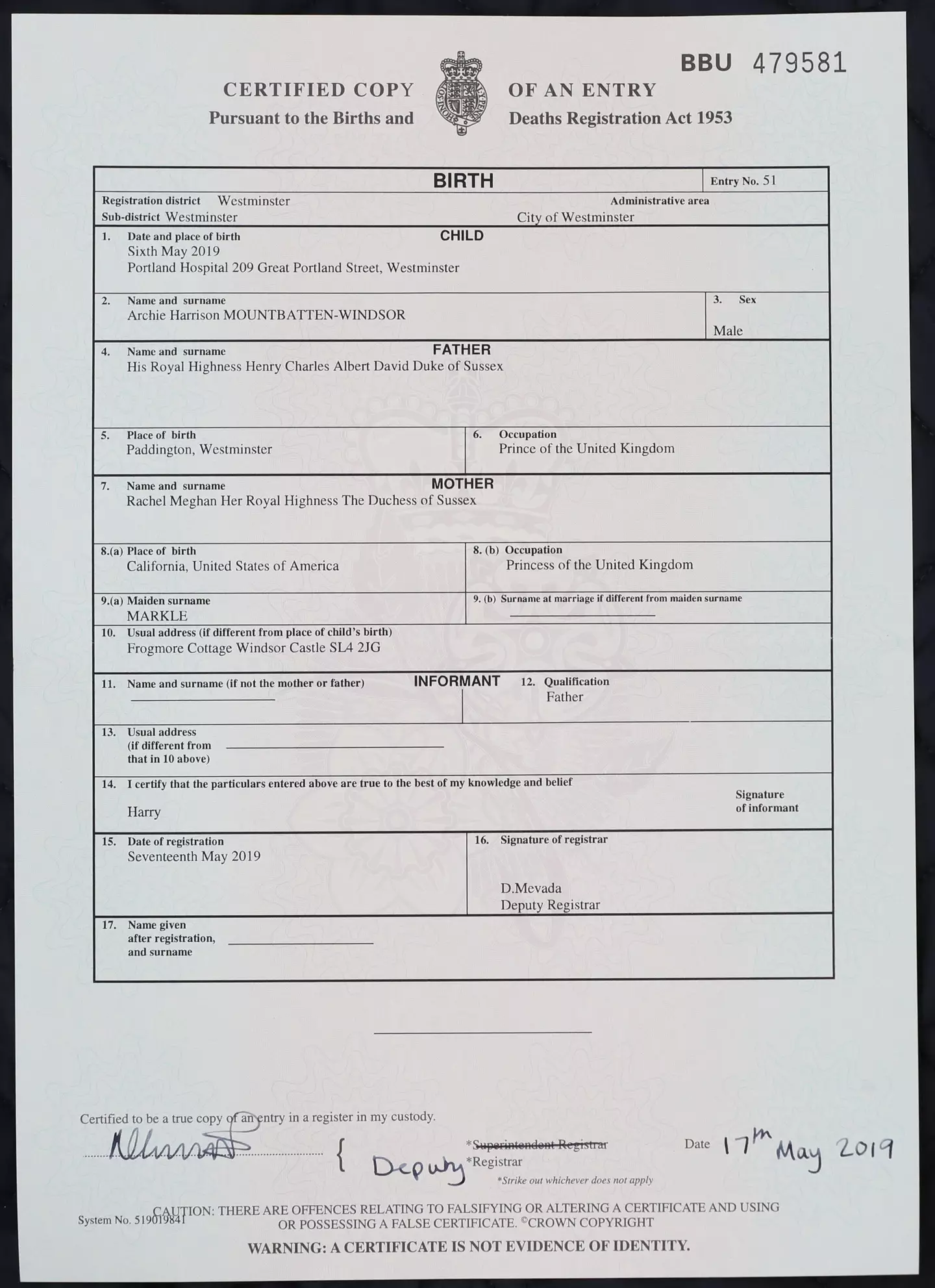 Prince Harry is referenced as His Royal Highness Henry Charles Albert David Duke of Sussex on Archie's birth certificate (PA)