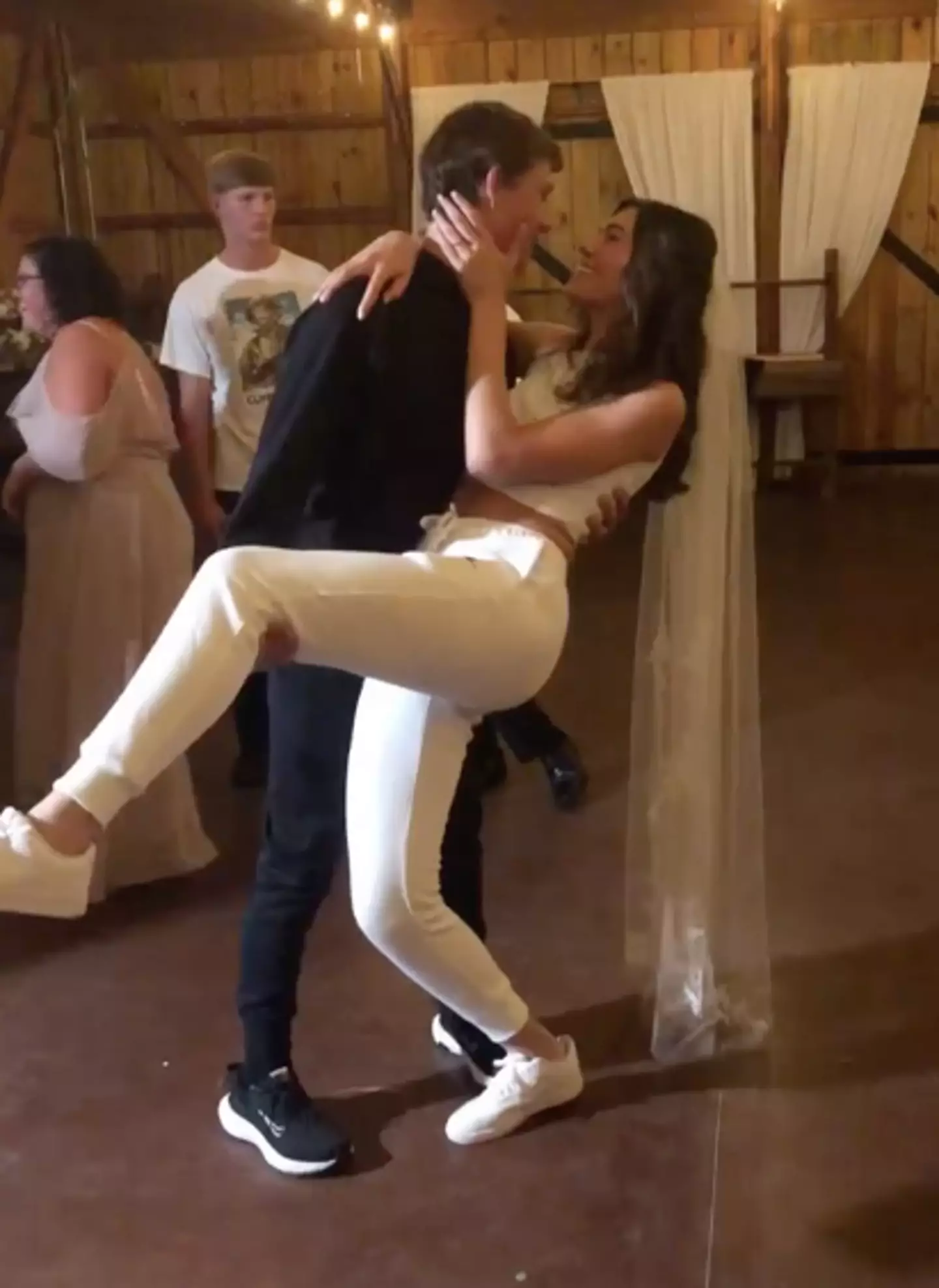 The couple wore joggers for their reception (