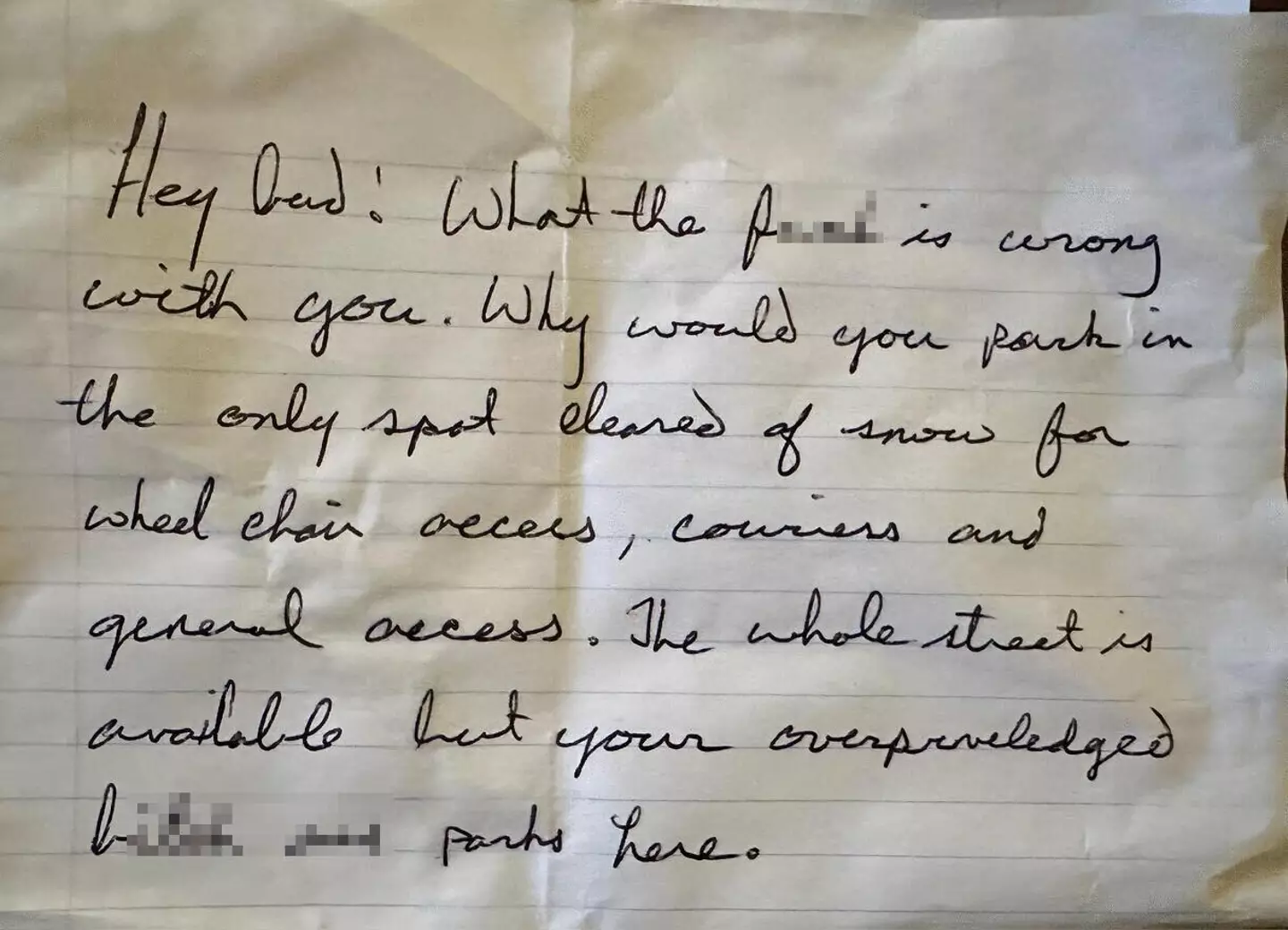 The furious note left on the woman's car.