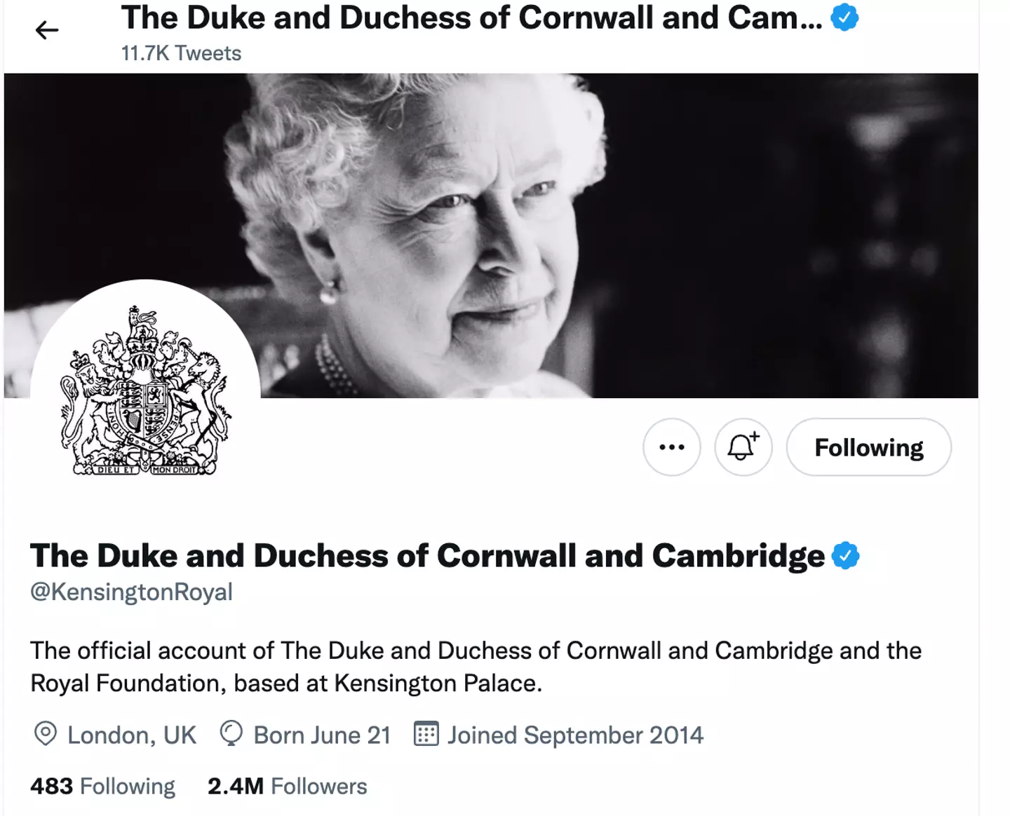 Kensington Palace changed its socials to reflect the title change.