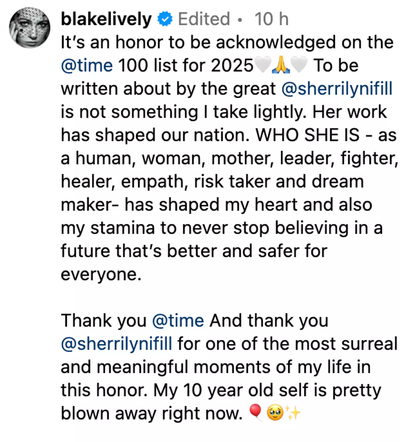 Lively spoke out about the 'honor' of being named (Instagram)