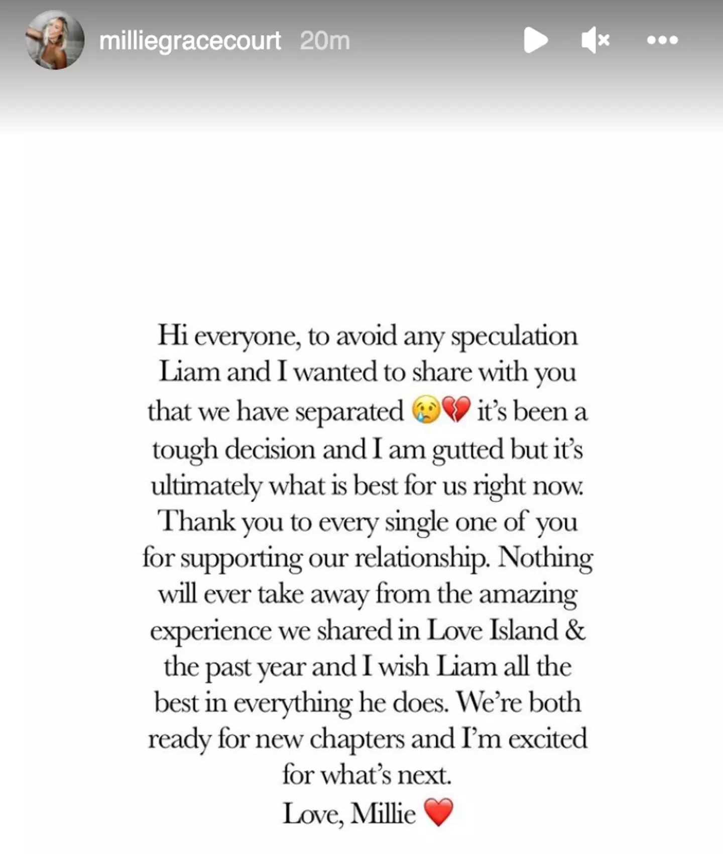 Millie released a statement on Instagram.