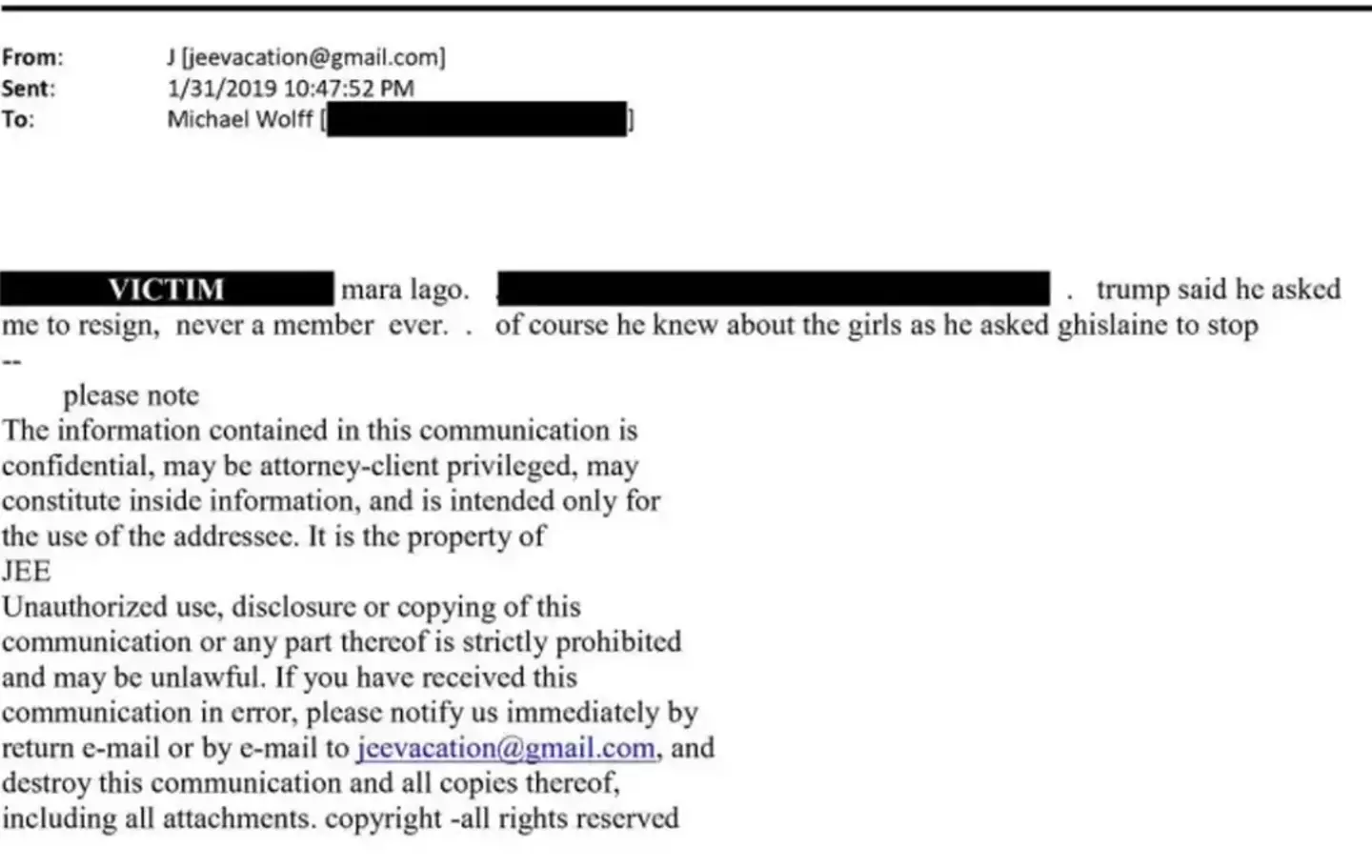 Email from Jeffery Epstein to Michael Wolff in January 2019 (US House Oversight Committee)