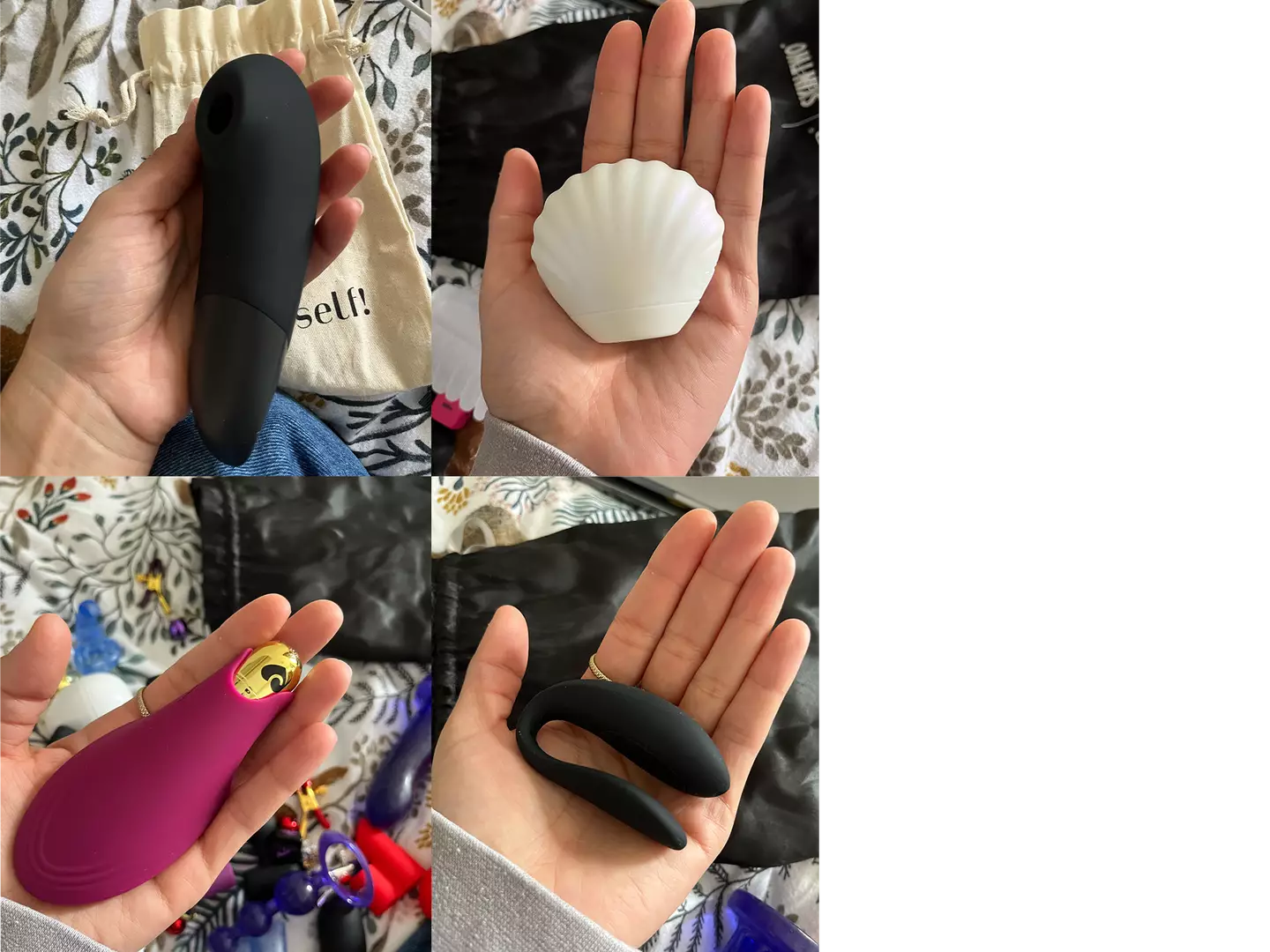 From top to bottom,clockwise: the Womanizer, the Venus Glow, the We-Vibe Sync Lite, and open-ended stroker with gold bullet (Tyla)