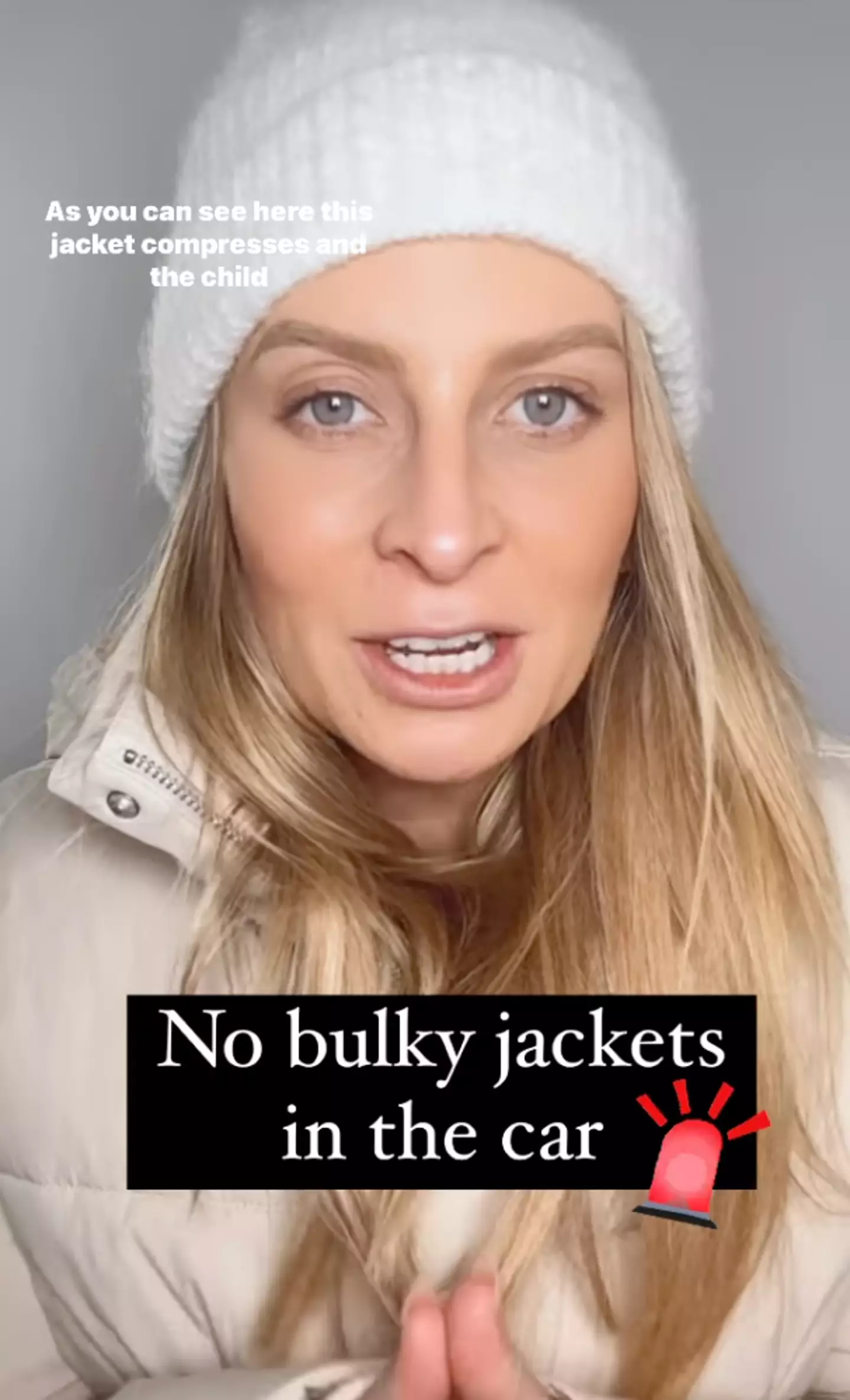 The mum warns against letting your child wear a large jacket when strapped into a car seat.