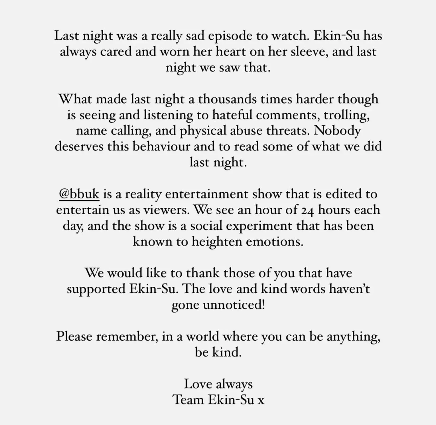 Ekin-Su's family shared a statement following last night's episode.