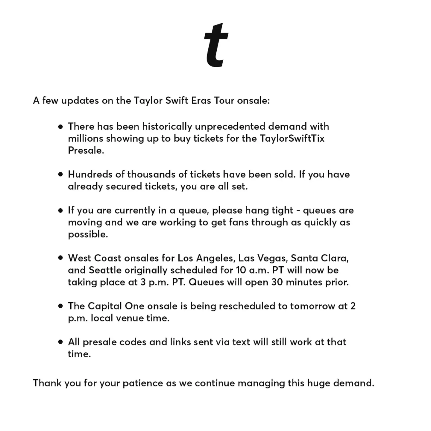 Ticketmaster updated fans on the 'huge demand' for presale tickets.