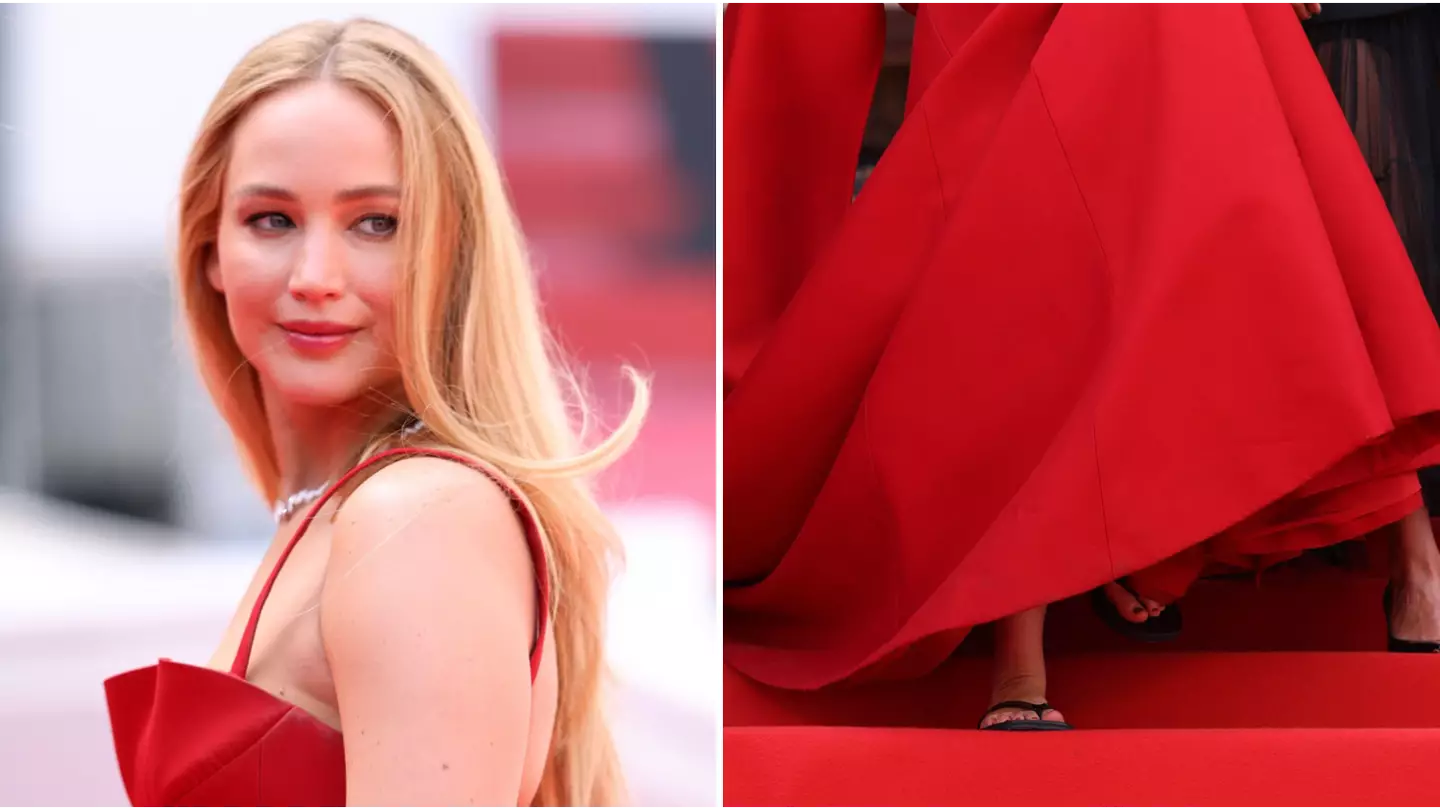 Jennifer Lawrence seen wearing flip flops under her beautiful red carpet gown