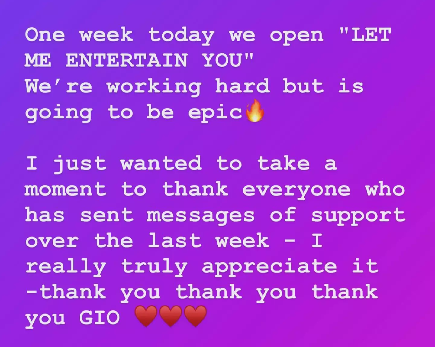 Giovanni thanked his fans in a statement.