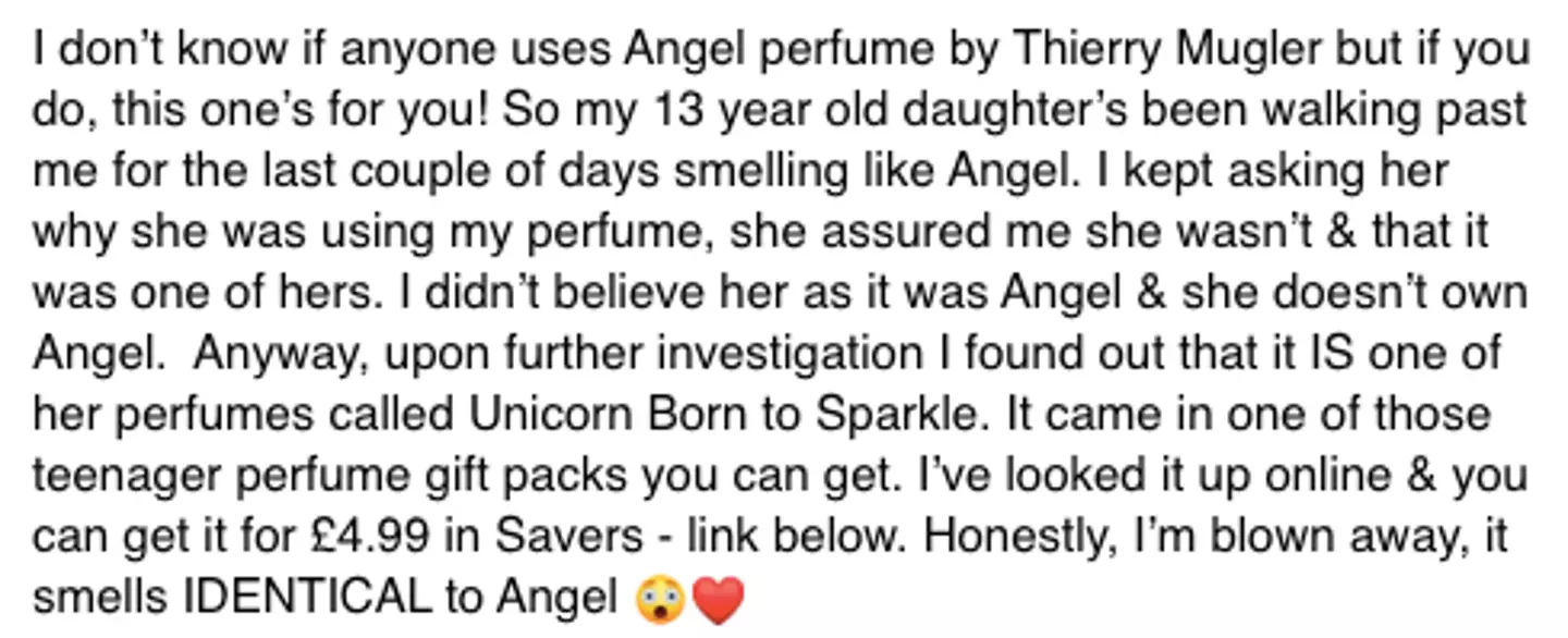 The mum shared that the perfume smelt just like Angel (