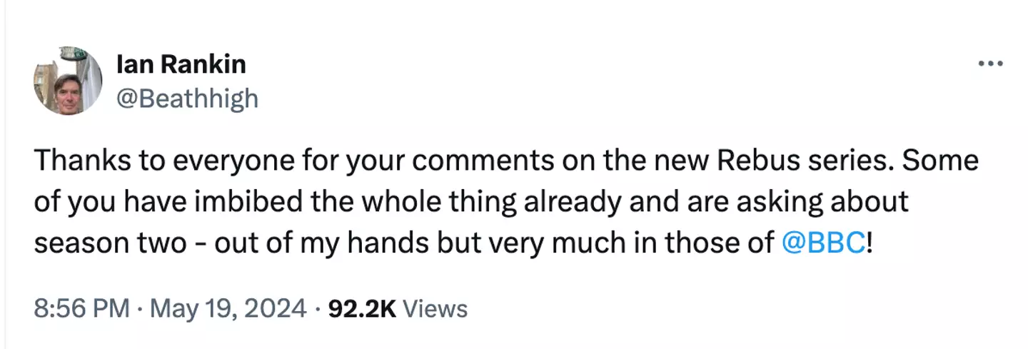 Ian Rankin thanked his fans for their praise over Rebus. (X/@Beathhigh)