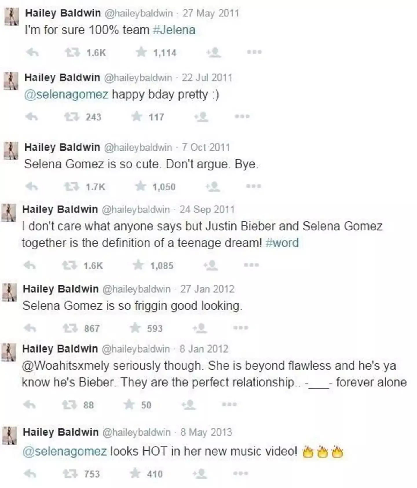 Hailey's old account was essentially a Selena and Justin fan account.