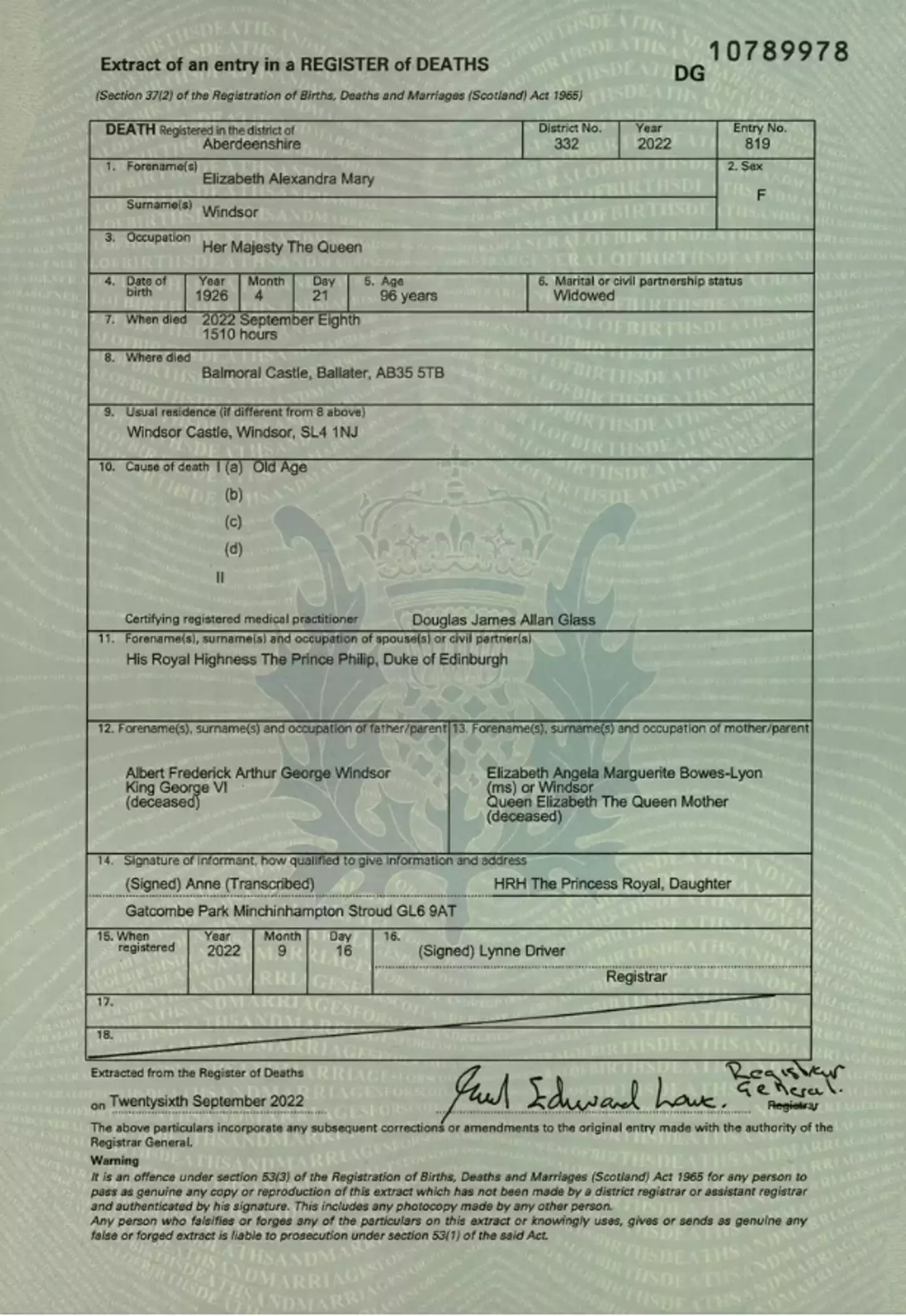 You can take a look at the late Queen's death certificate for yourself here (National Records of Scotland)