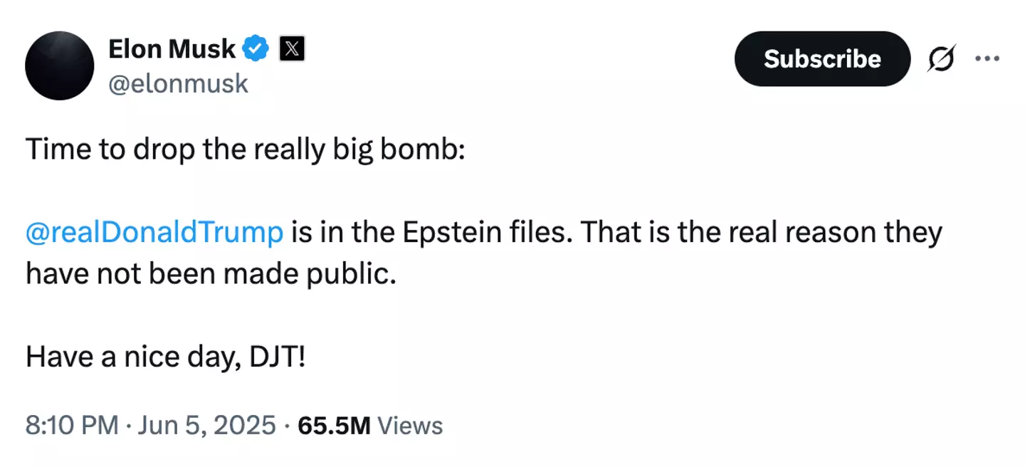 Last month, Musk dropped the bombshell claim that Trump was named in the Jeffrey Epstein files (Twitter/@elonmusk)