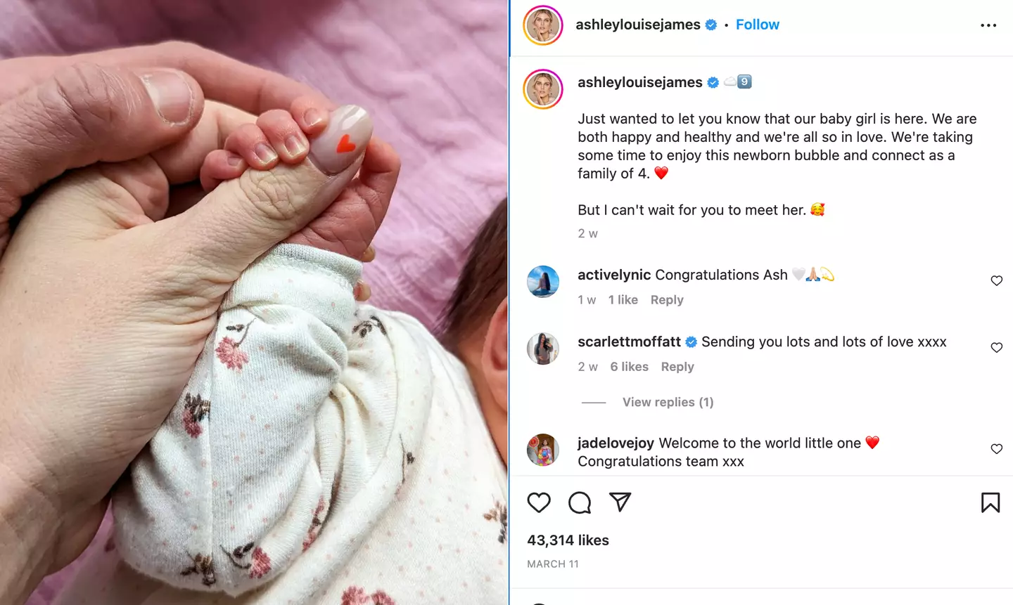 Ashley shared news of her daughter's arrival on Instagram.