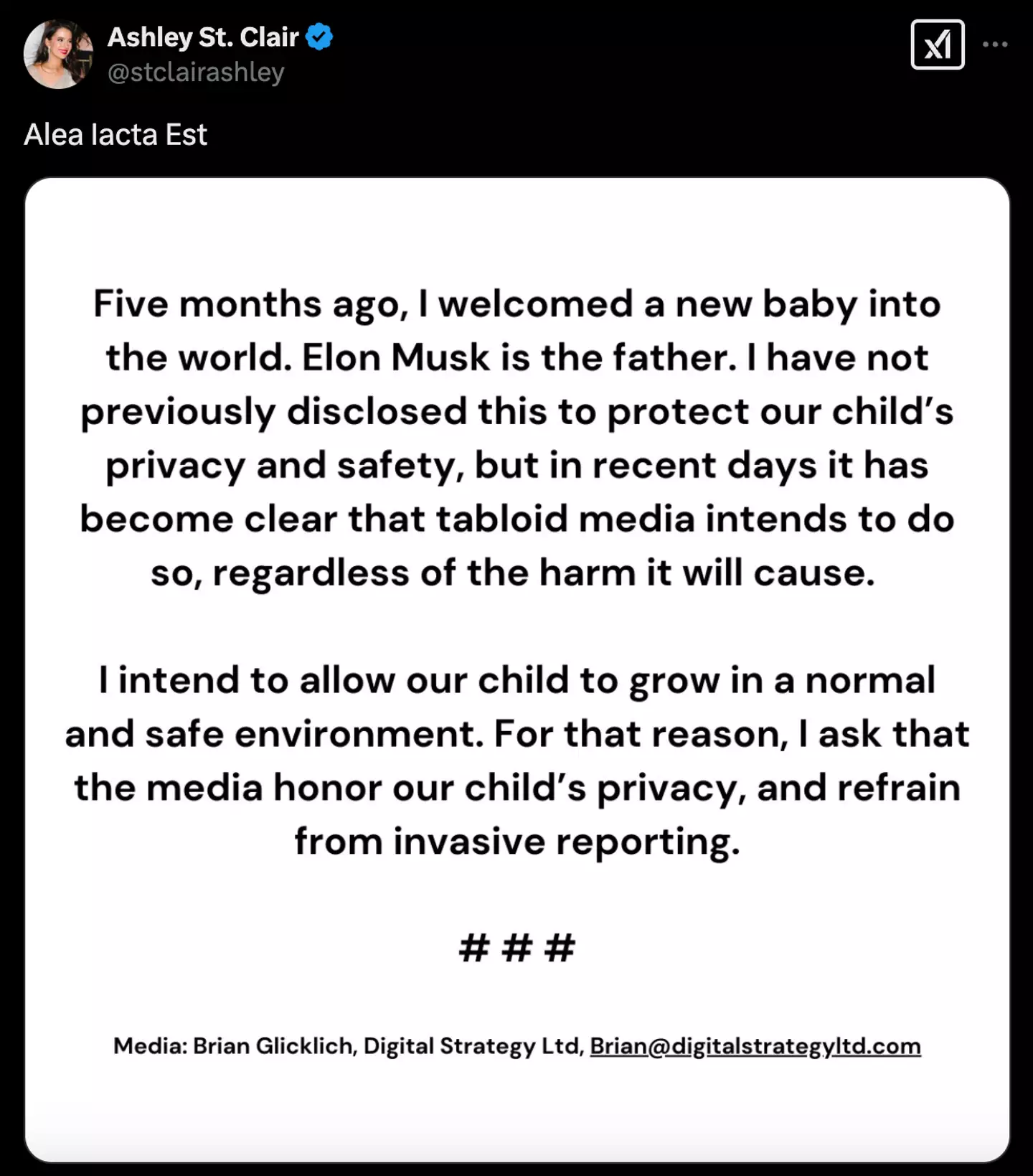 St Clair alleged she welcomed a child with Musk last year (X)